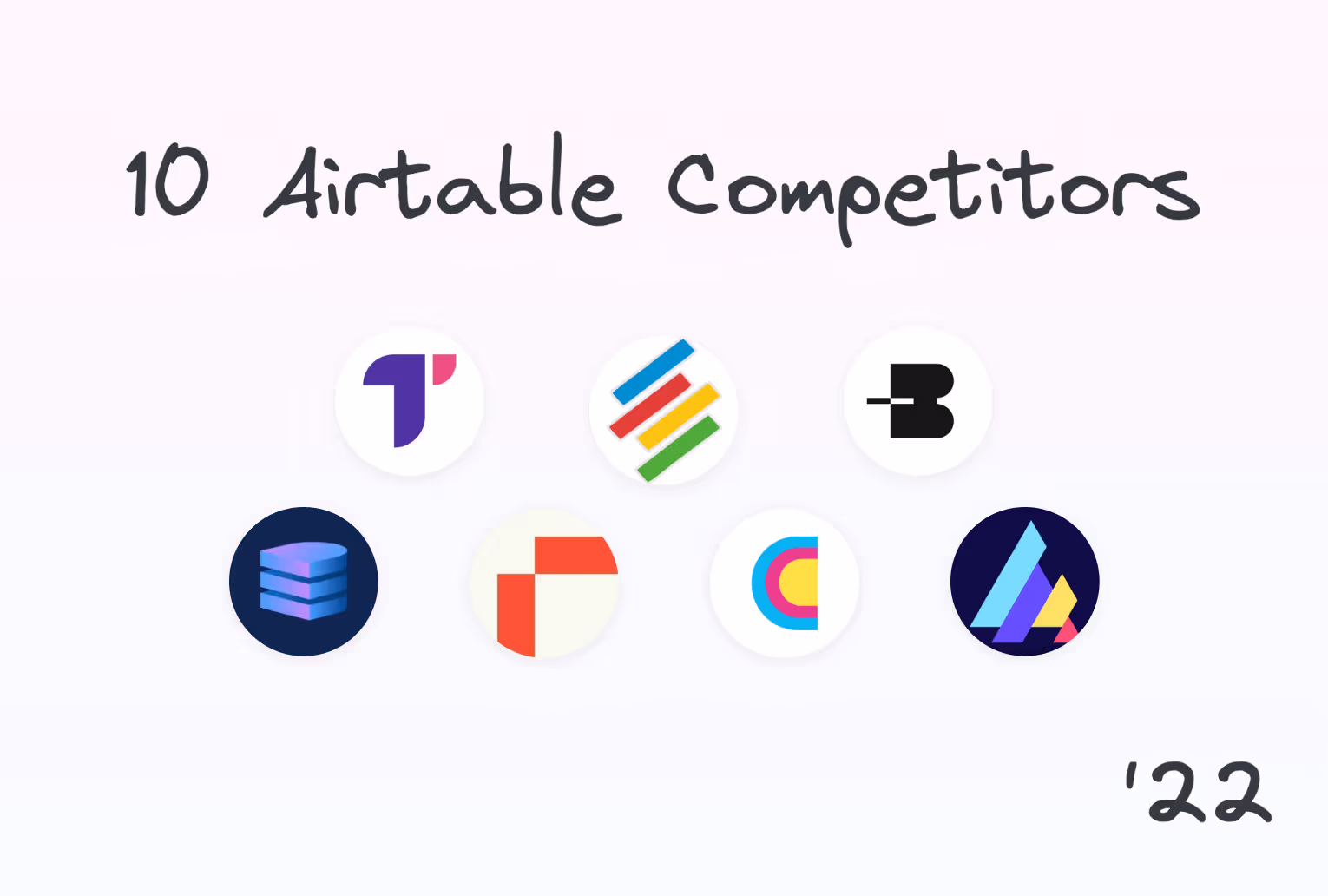 Hand-lettered '10 Airtable Competitors' illustration with a grid of competitor app logos