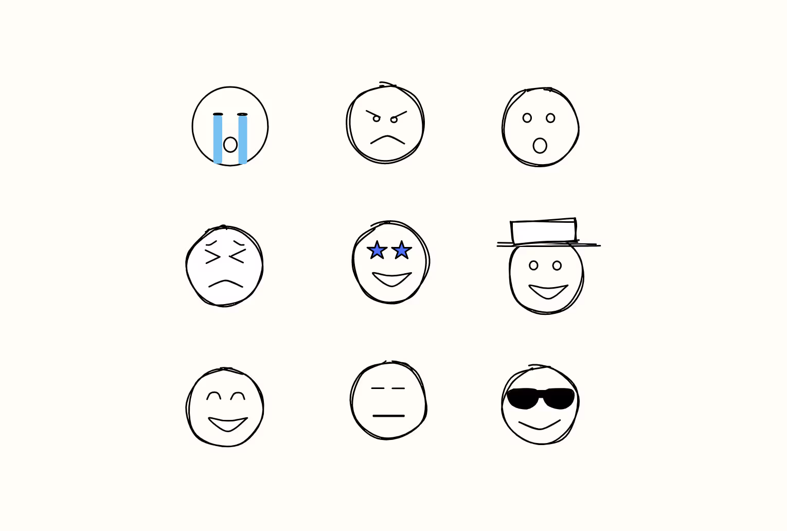 A grid of nine hand-drawn faces showing different emotions