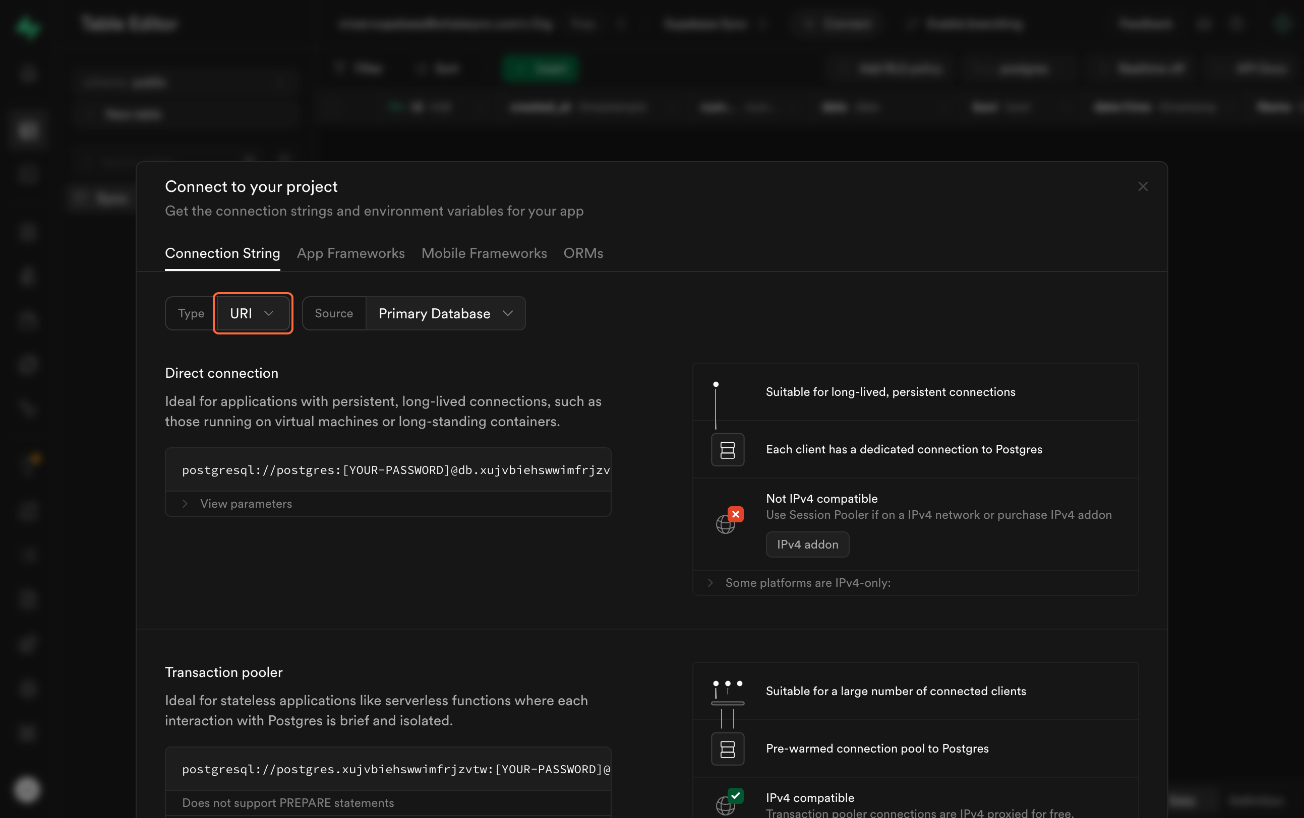 8. In the Connection string page, select URI