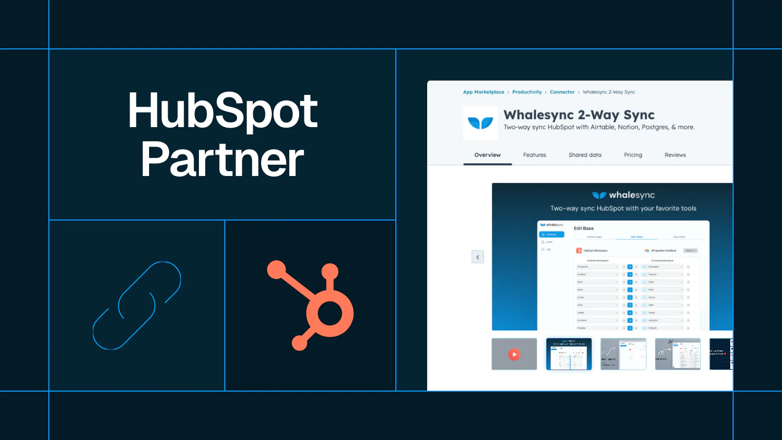 Title card reading 'HubSpot Partner' with a screenshot of the Whalesync HubSpot listing