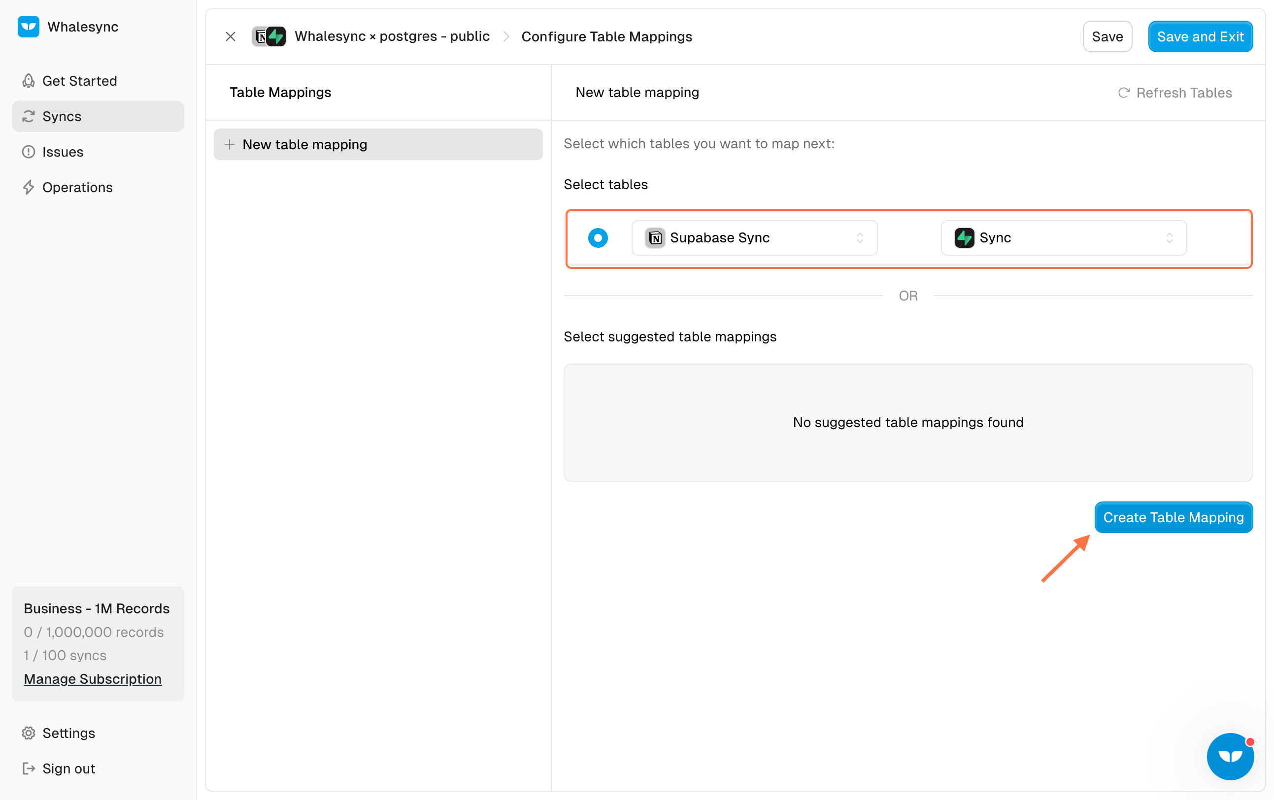 13. Pick the table mapping you want to sync and click ‘Create table mapping’