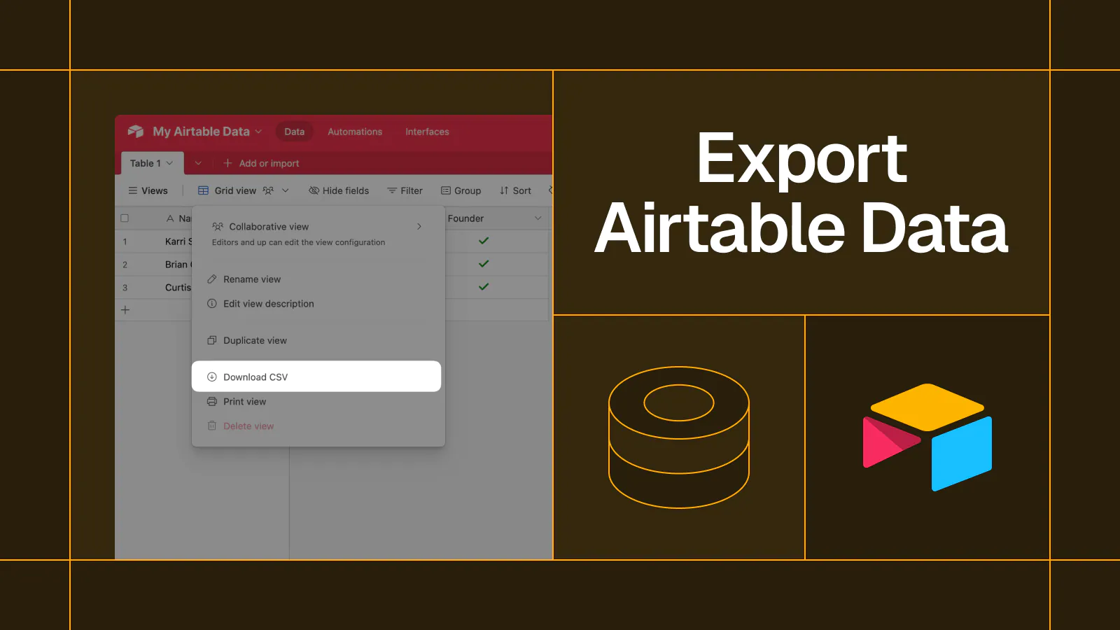 Title card reading 'Export Airtable Data' with a screenshot of Airtable's download-CSV menu