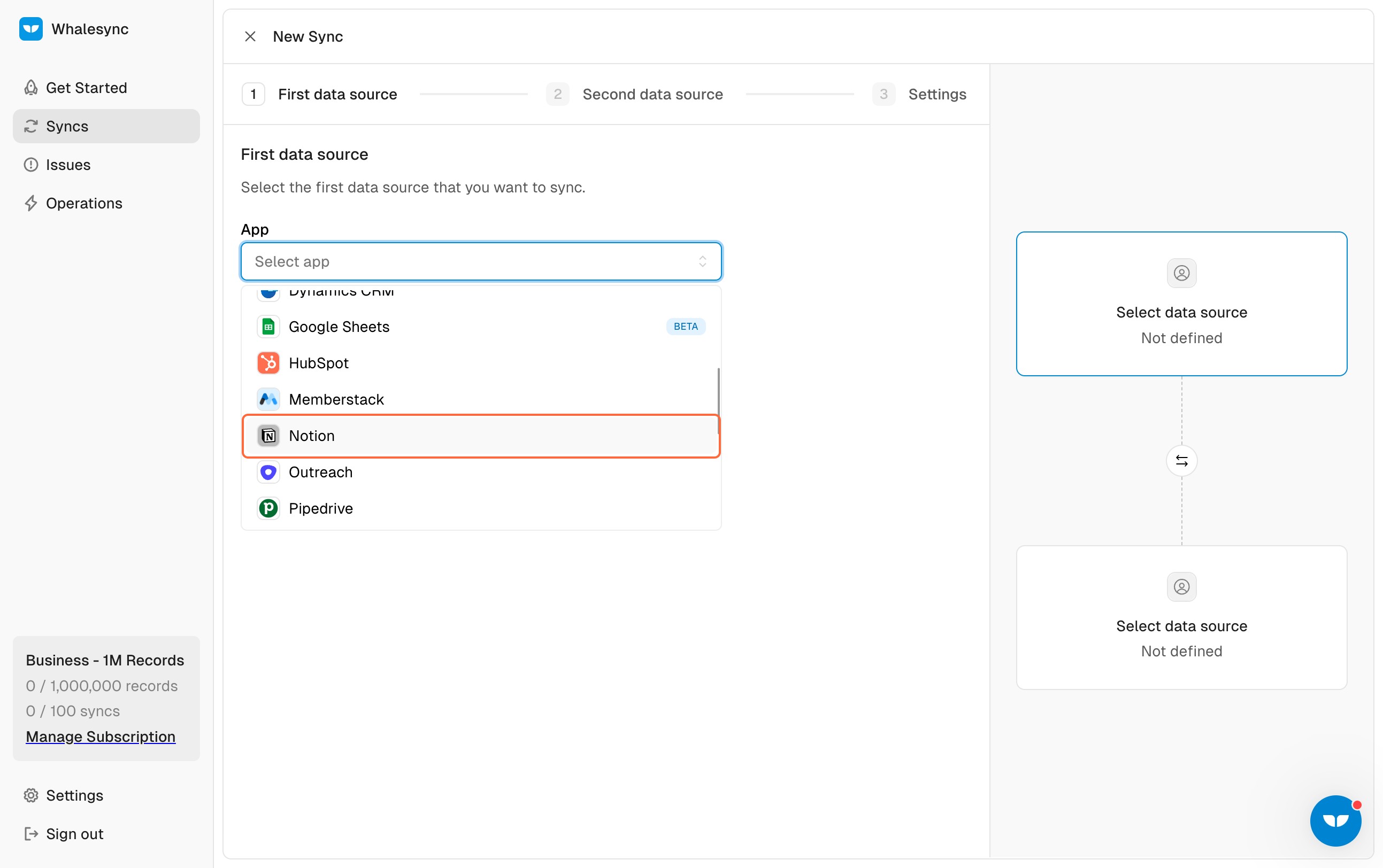 3. Select your first data source (Notion)
