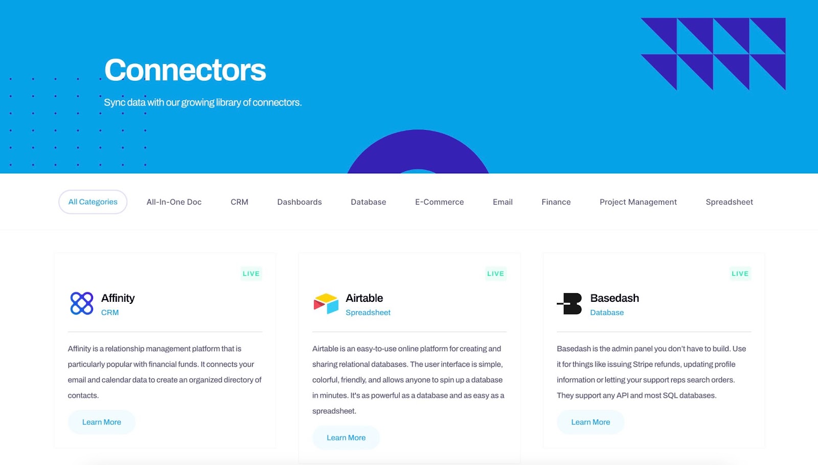 Whalesync's connectors library showing integrations like Affinity, Airtable and Basedash