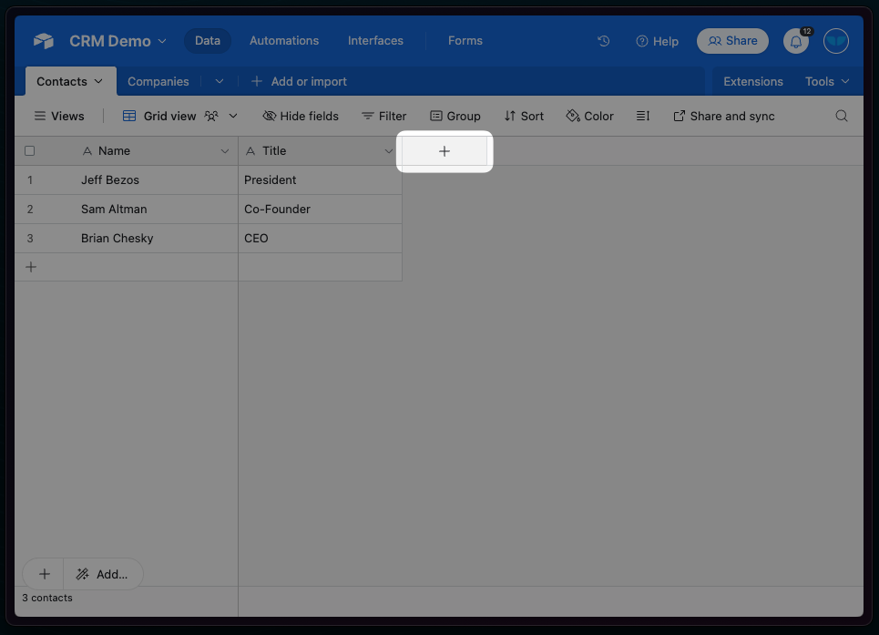 2) Click the “+” button to add a new field
