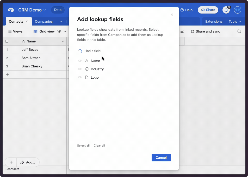 9) Choose the lookups you want and click “Add fields”