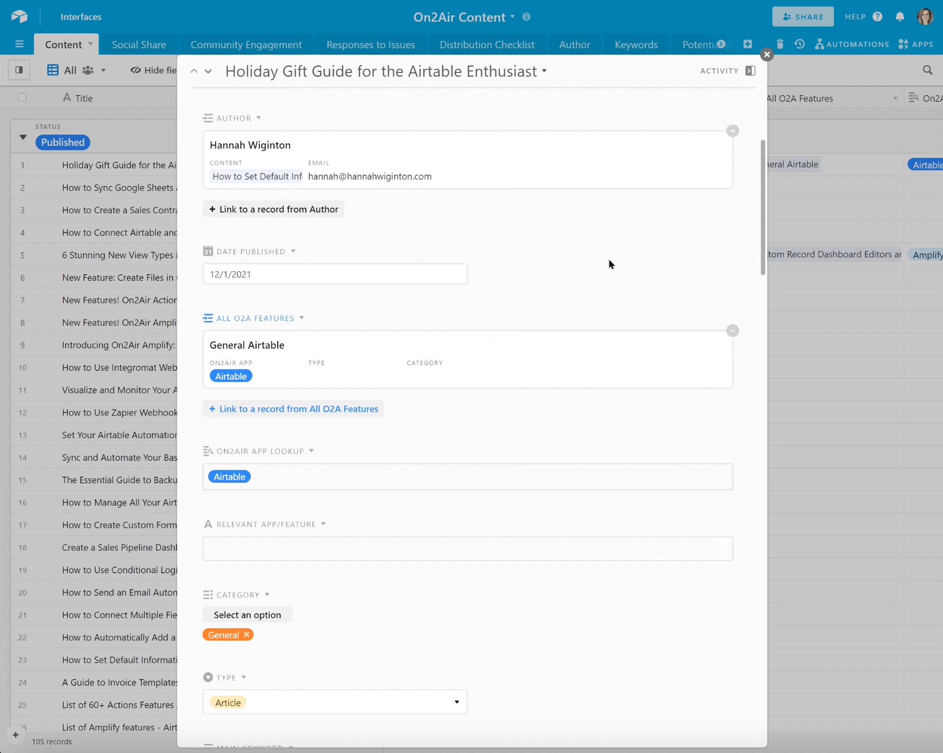 The Content table of the On2Air blog