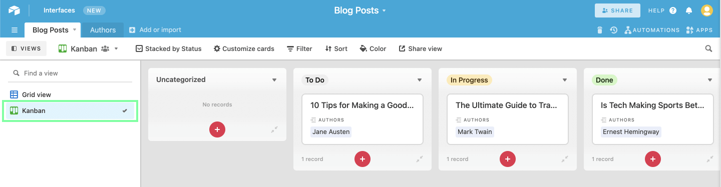 Airtable base for blog content