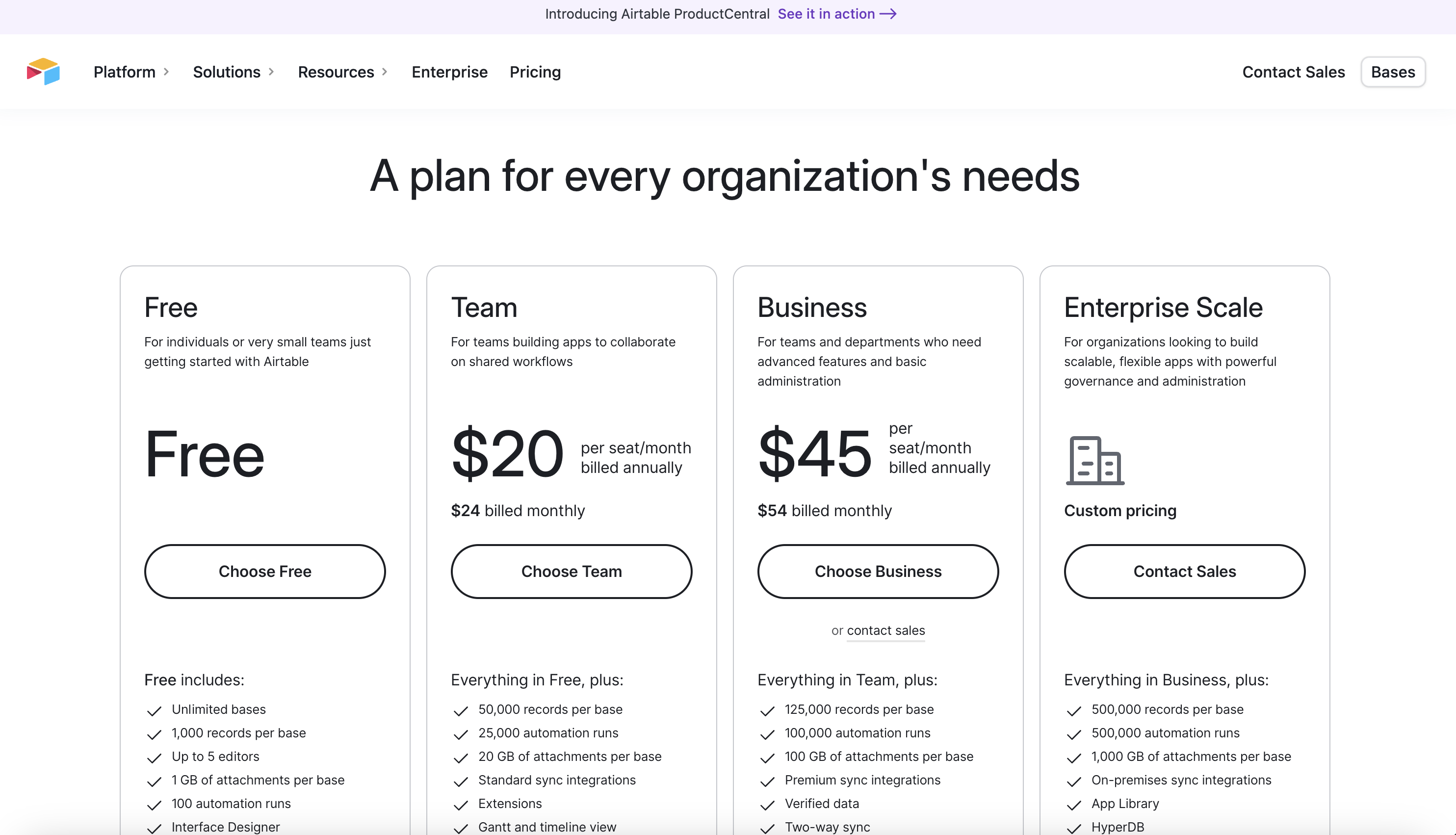 Airtable's pricing page showing Free, Team, Business and Enterprise Scale plans