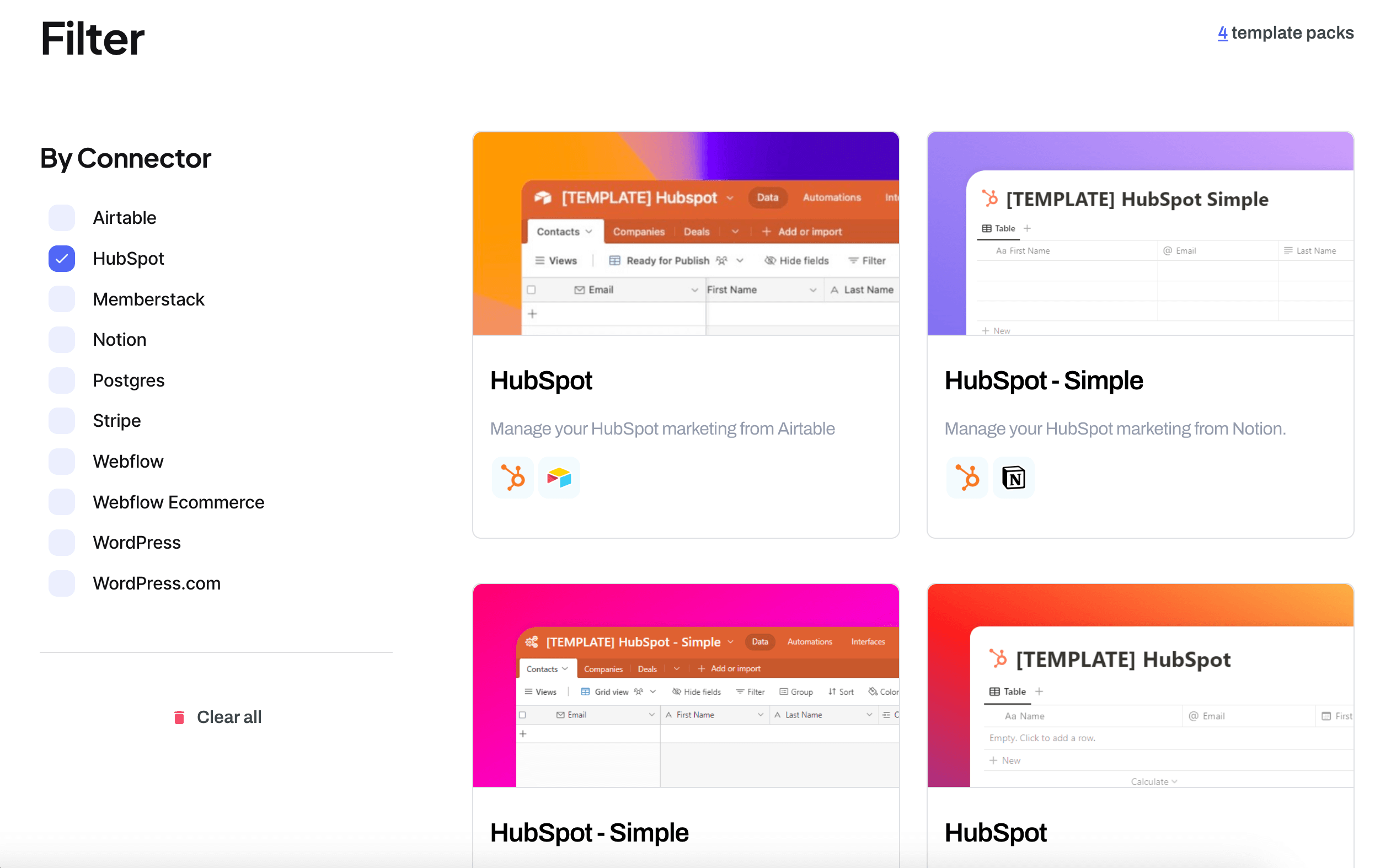Whalesync HubSpot template packs for managing HubSpot marketing from Airtable and Notion