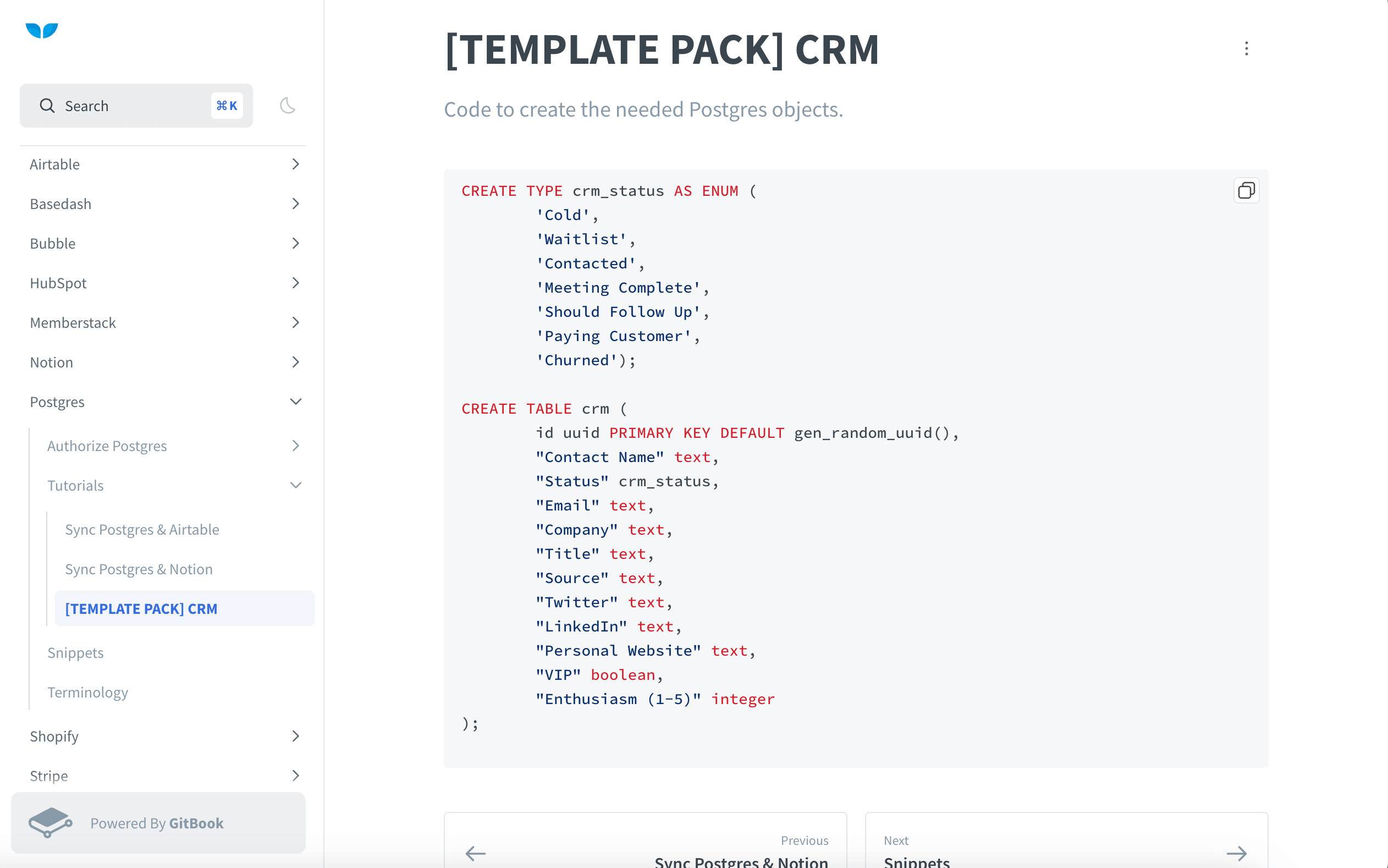 Whalesync docs showing SQL code for a Postgres CRM template pack