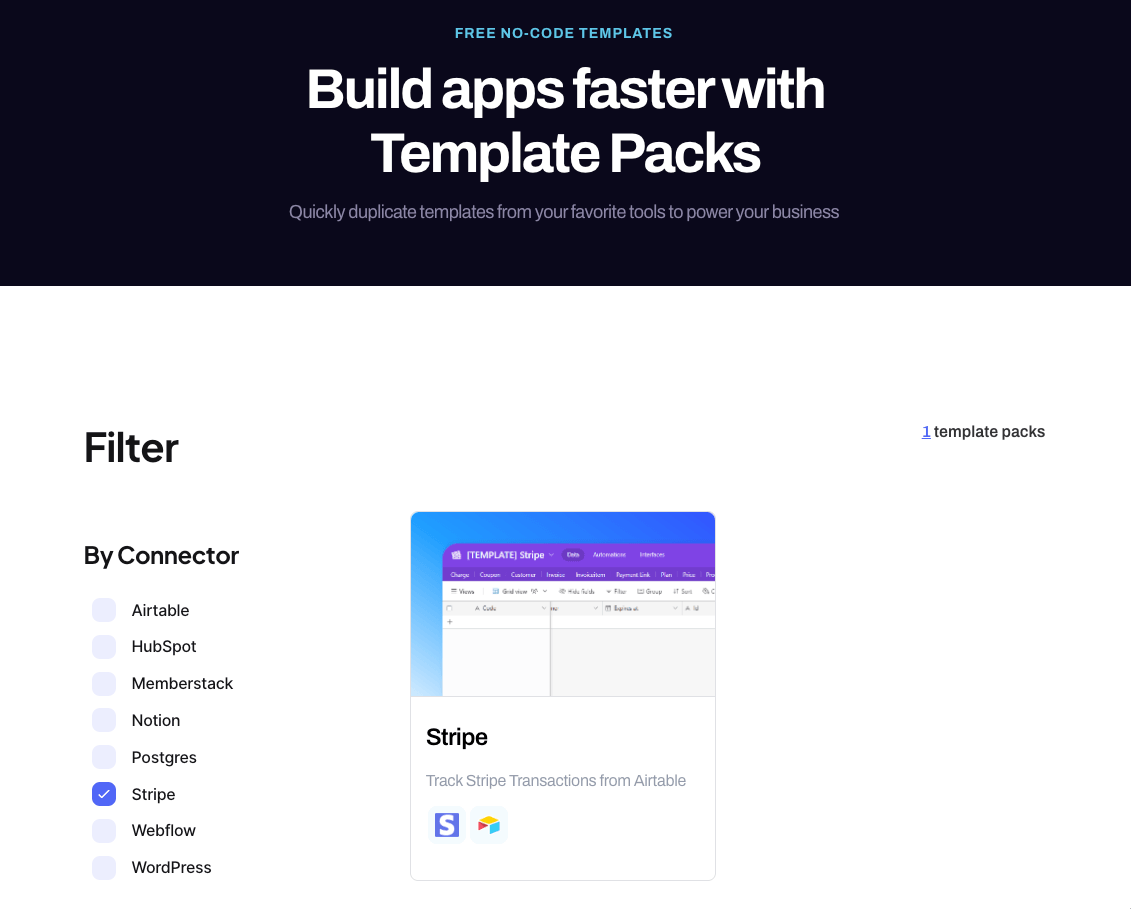 Whalesync template packs page featuring a Stripe template to track Stripe transactions from Airtable