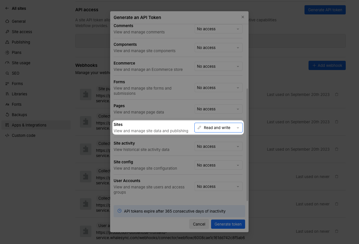 5) Give the API access to “Read and write” Sites