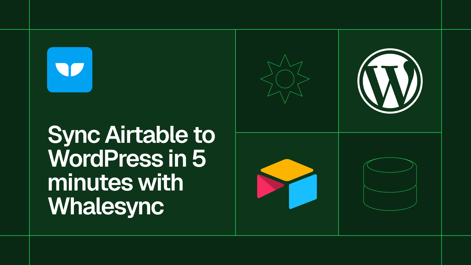 Title card reading 'Sync Airtable to WordPress in 5 minutes with Whalesync' with the WordPress and Airtable logos
