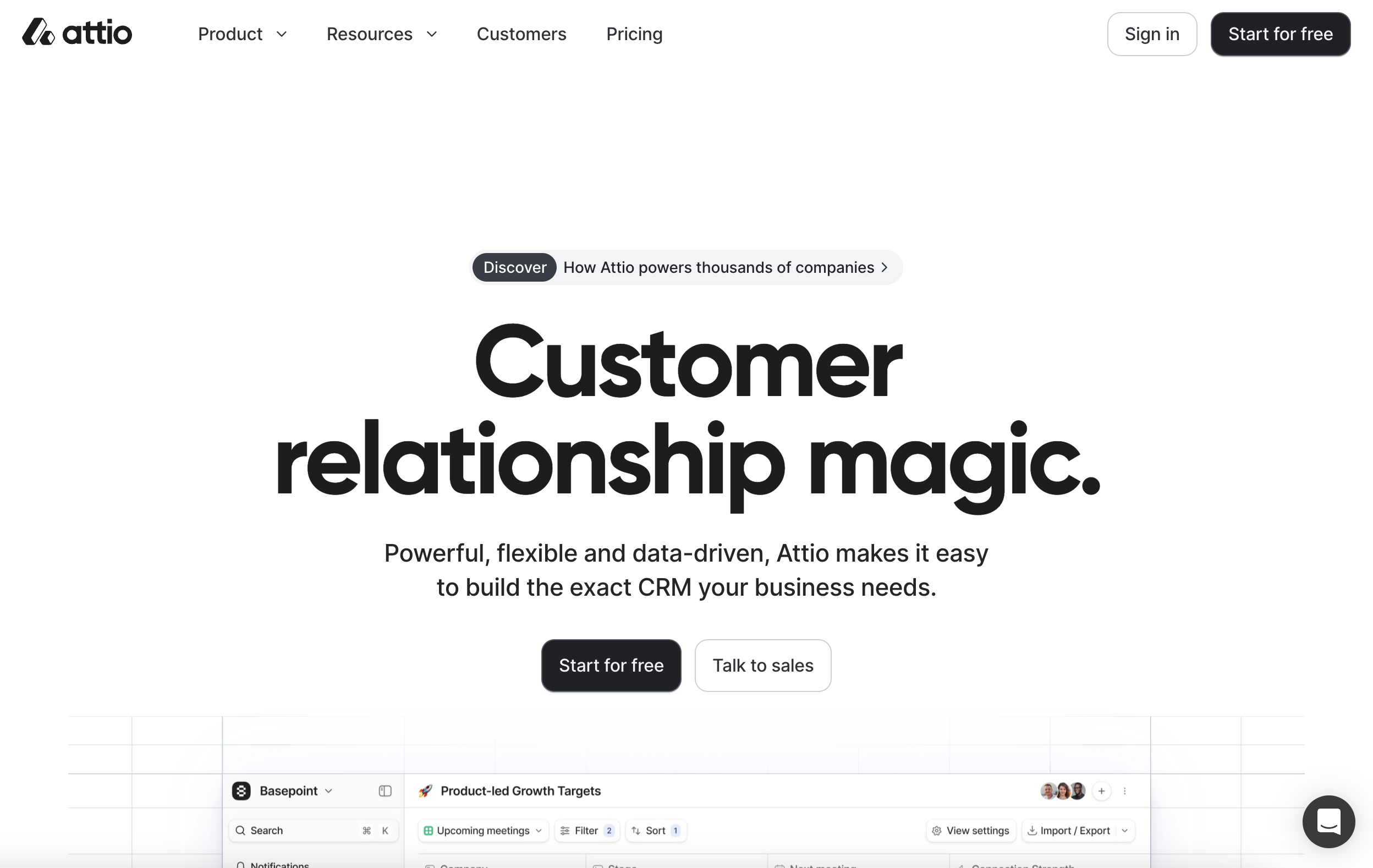 Attio's homepage headline reading 'Customer relationship magic'