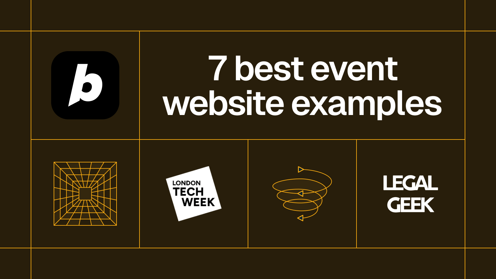 Title card reading '7 best event website examples' with London Tech Week and Legal Geek logos