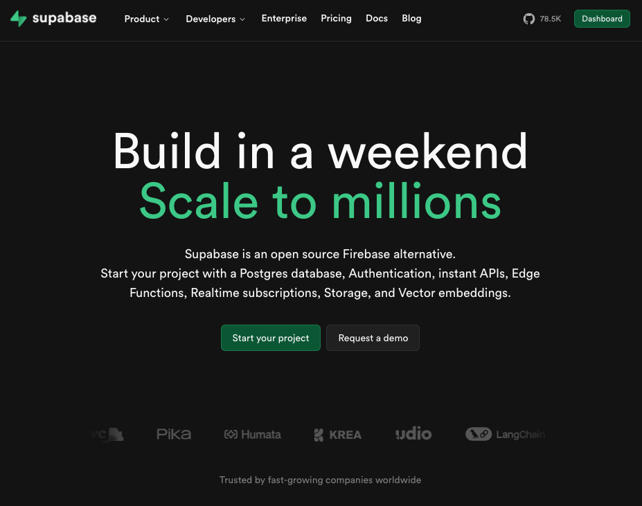 Supabase's homepage hero reading 'Build in a weekend, scale to millions'