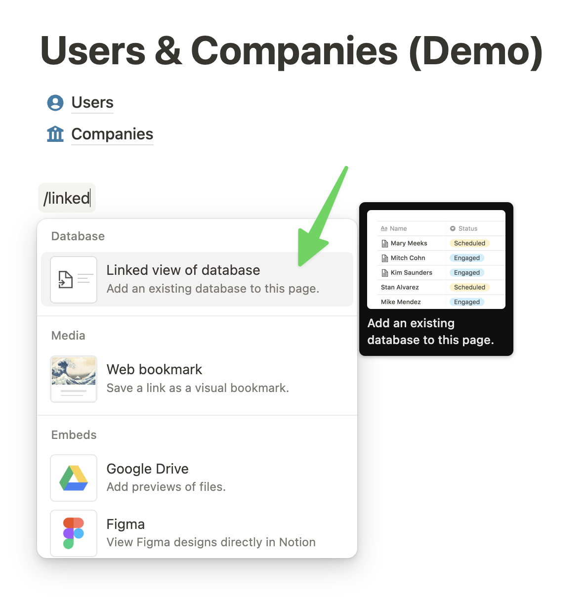 Step 2: Select "linked view of a database" from the dropdown menu