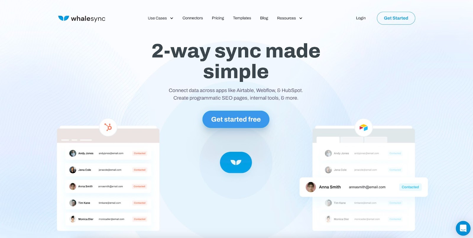 Whalesync's homepage hero reading '2-way sync made simple'