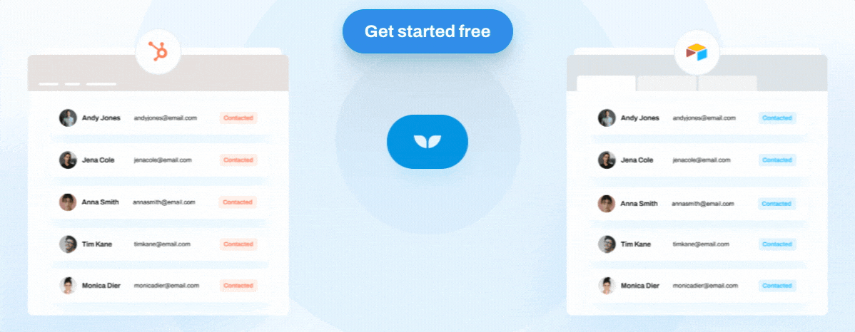 Whalesync syncing two contact lists between apps with a 'Get started free' button