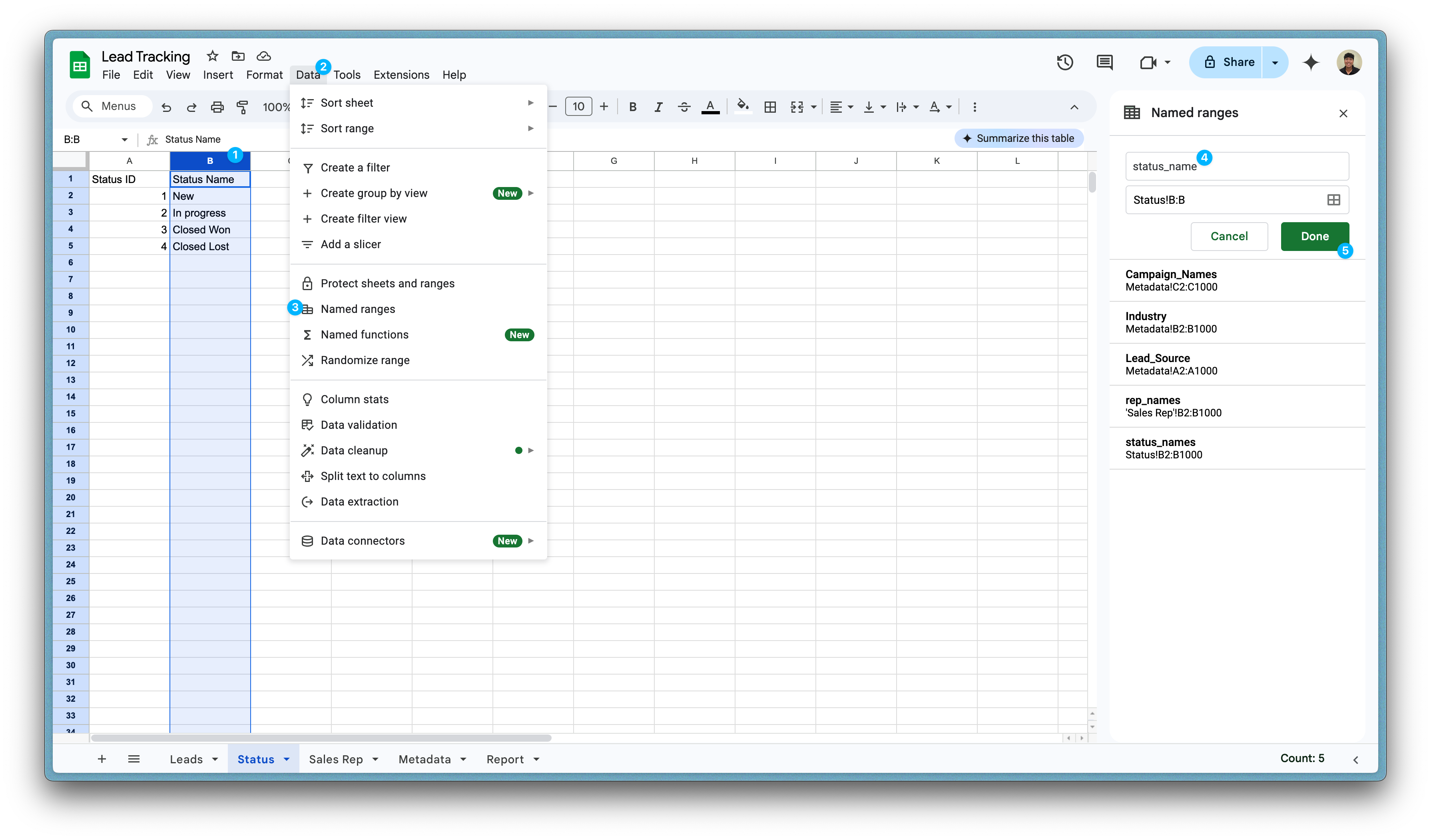 Set up named ranges for dropdowns