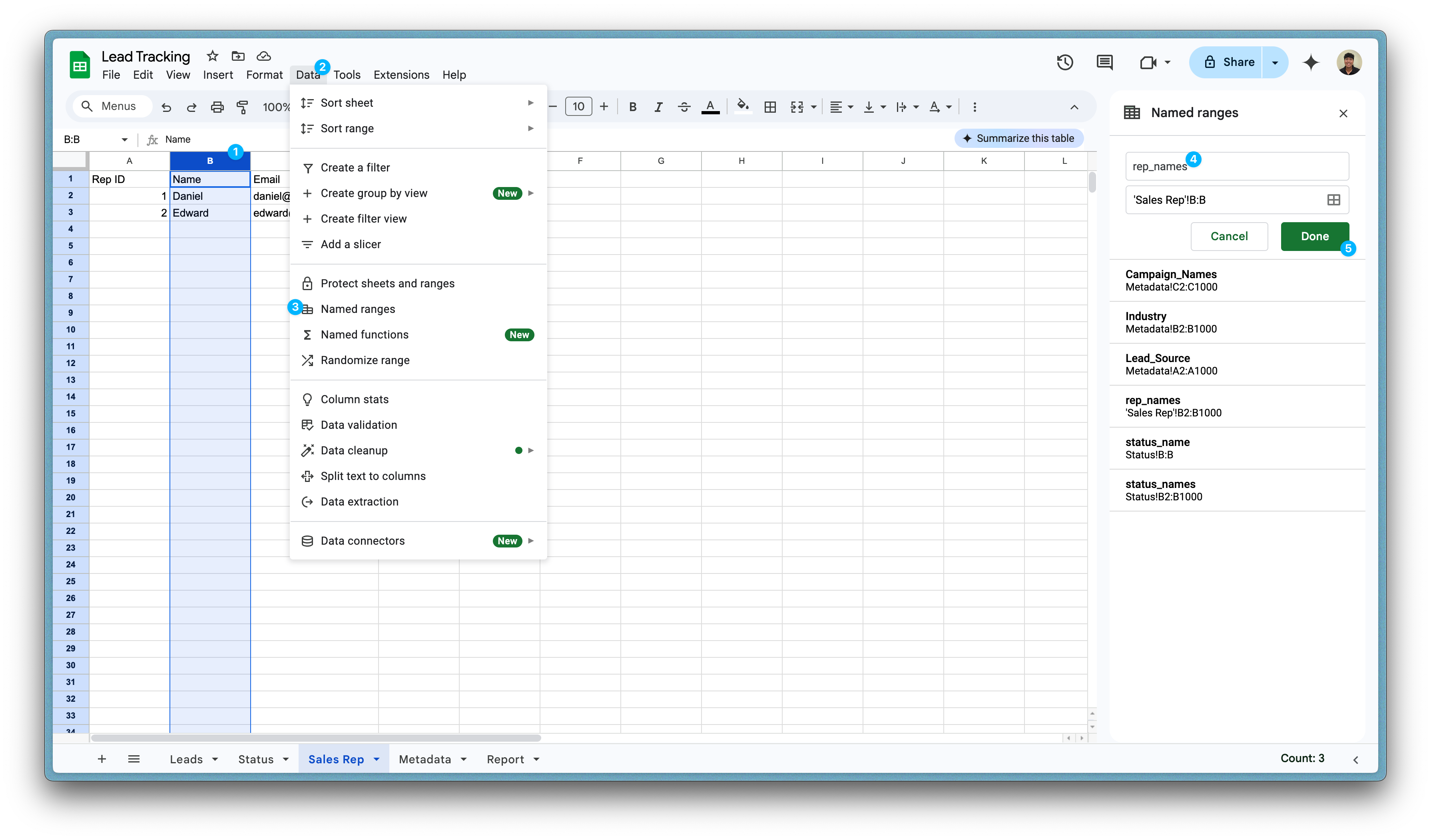 Set up named ranges for dropdowns
