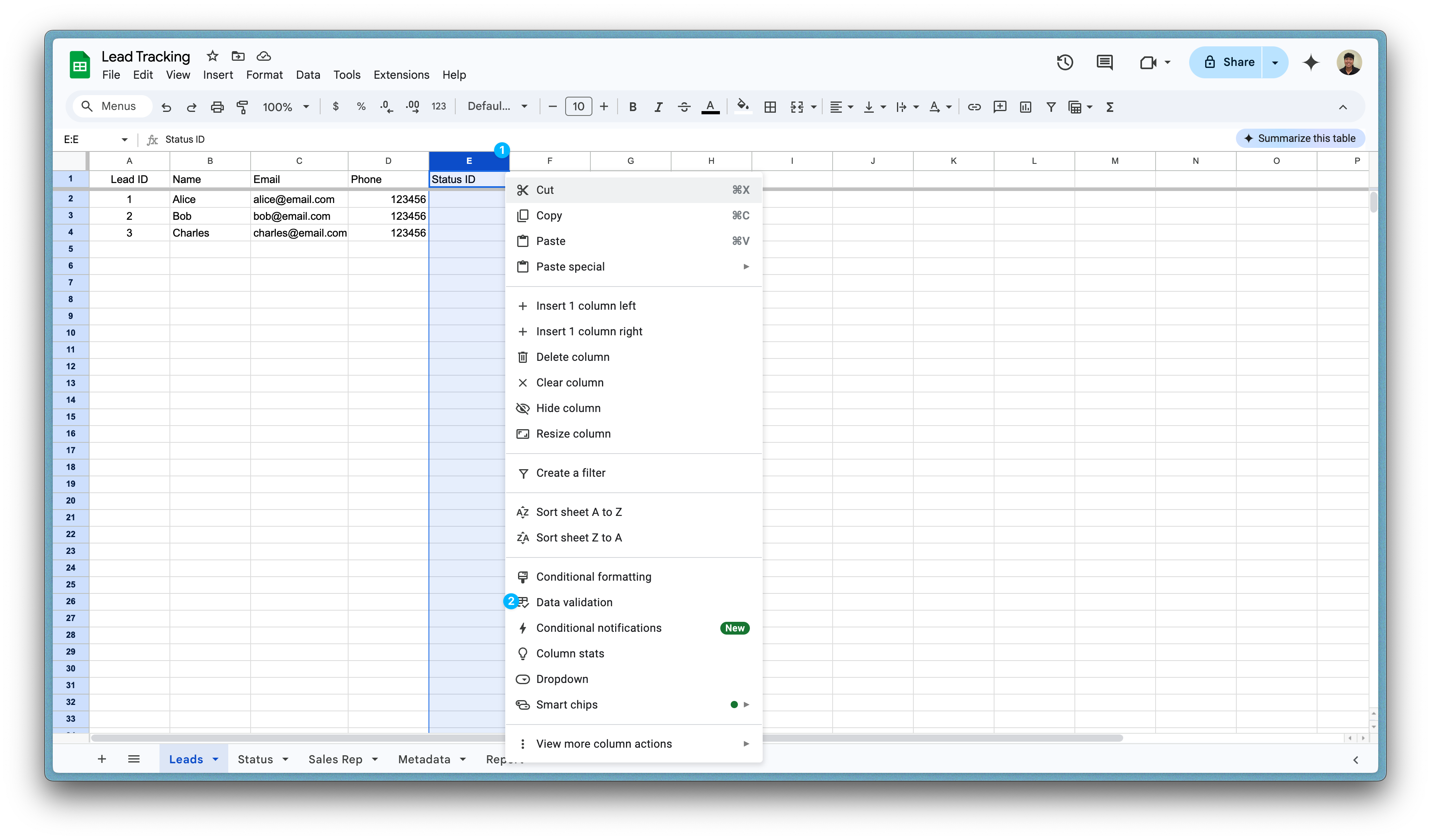 Add data validation for dropdowns