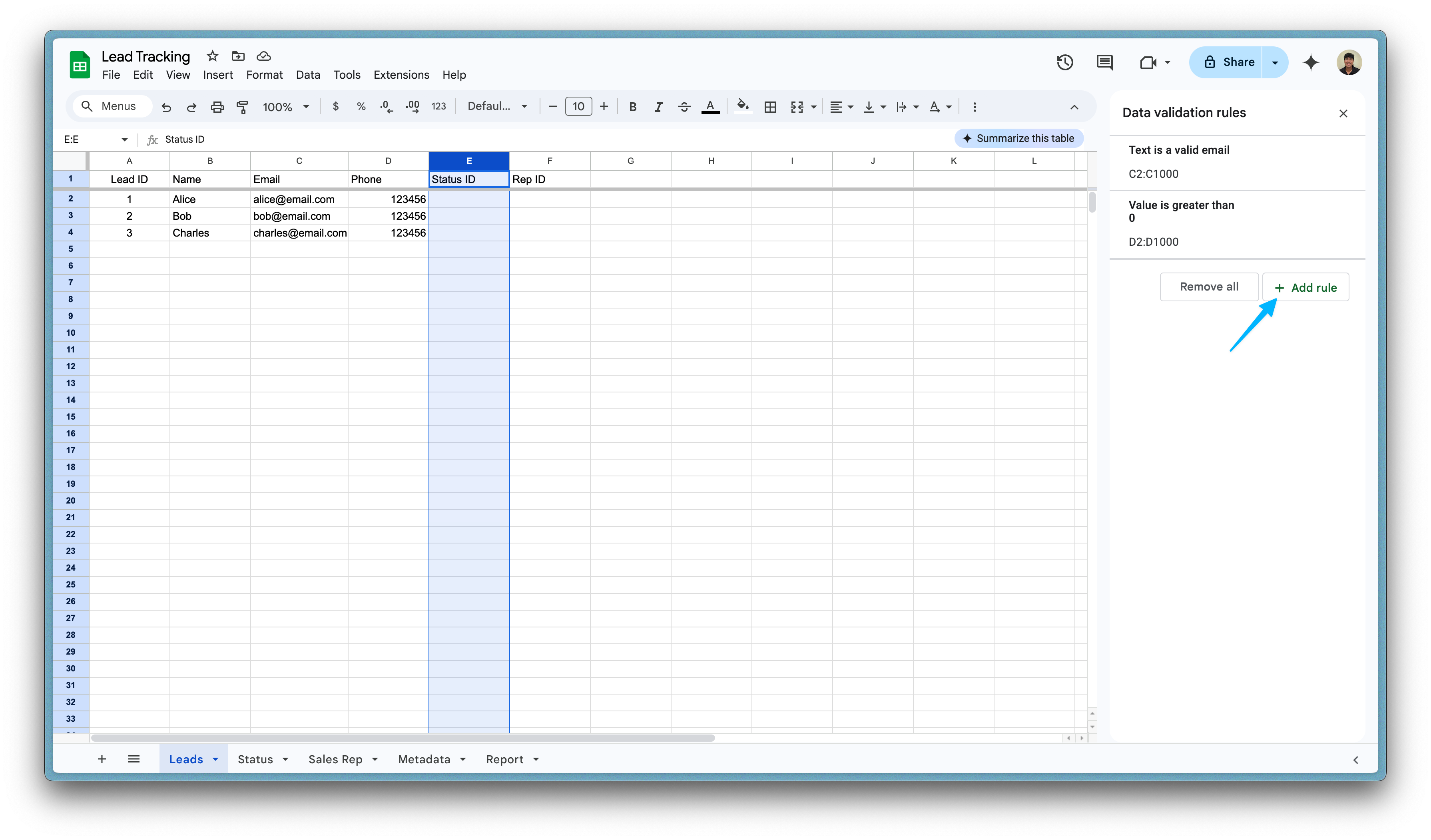 Add data validation for dropdowns