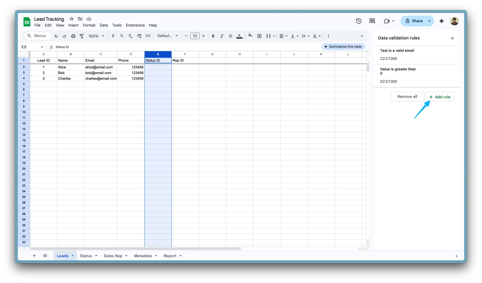 Add data validation for dropdowns