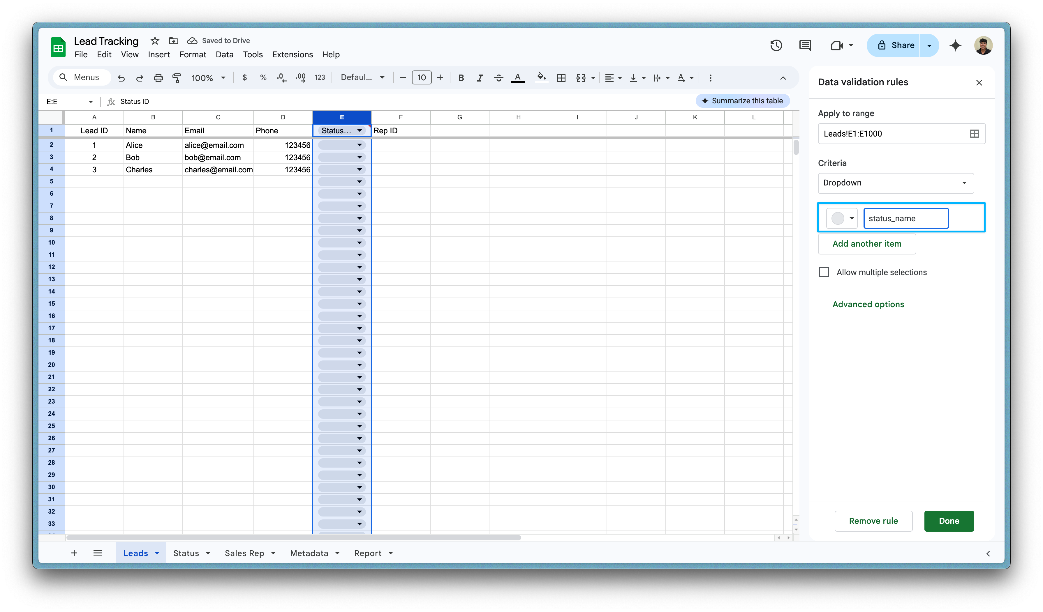 Add data validation for dropdowns