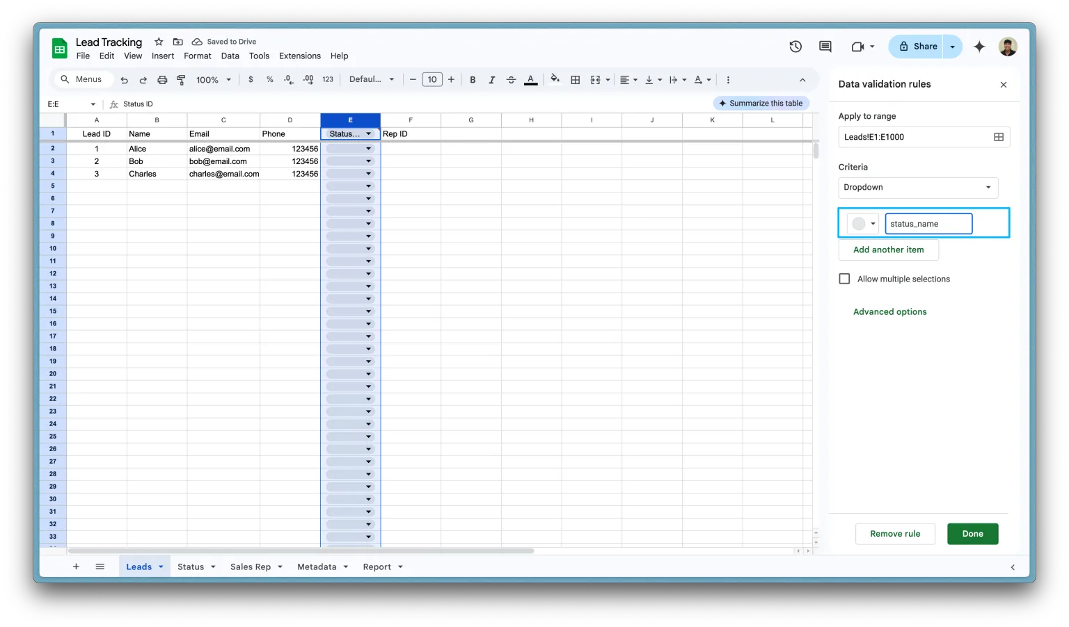 Add data validation for dropdowns