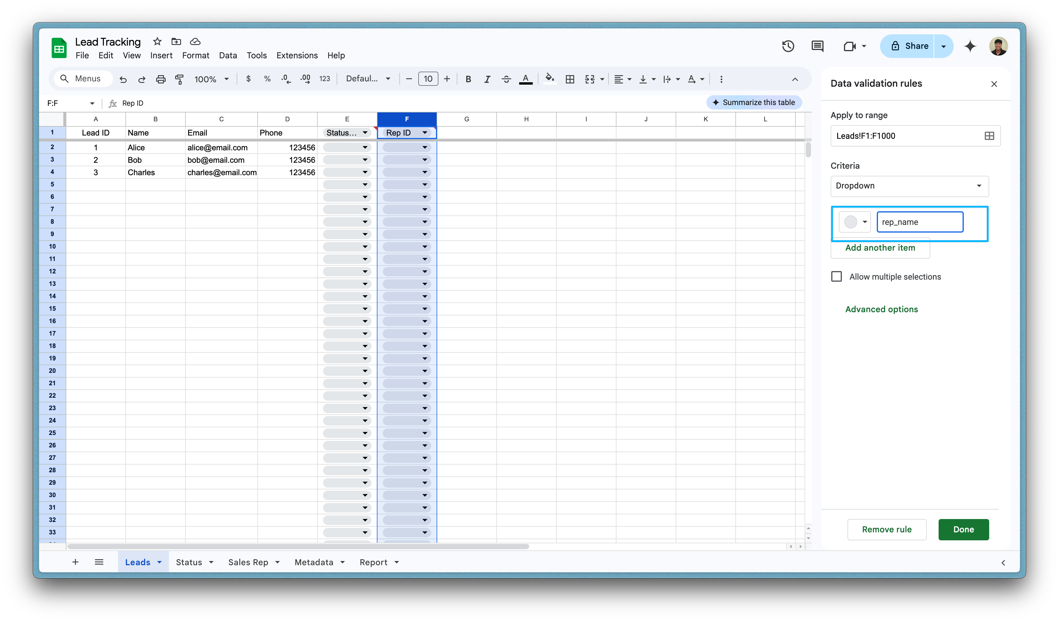 Add data validation for dropdowns