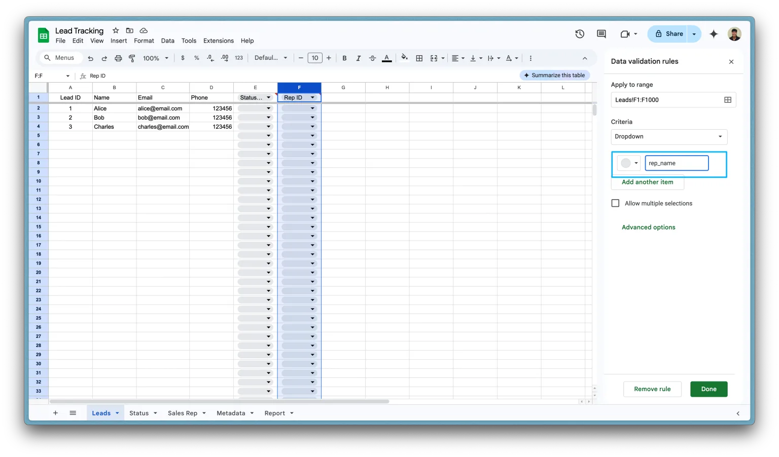 Add data validation for dropdowns