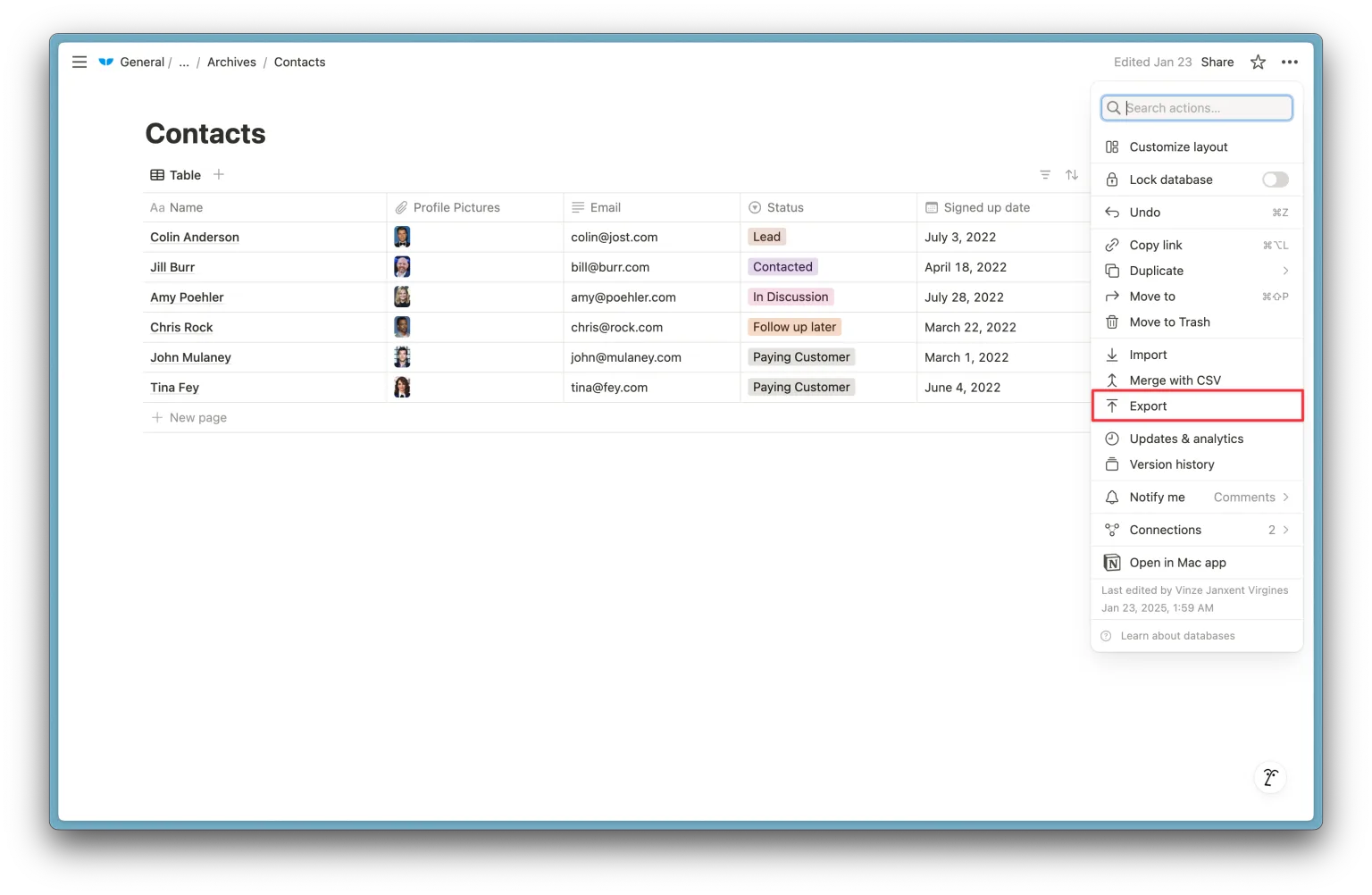 2. Click export