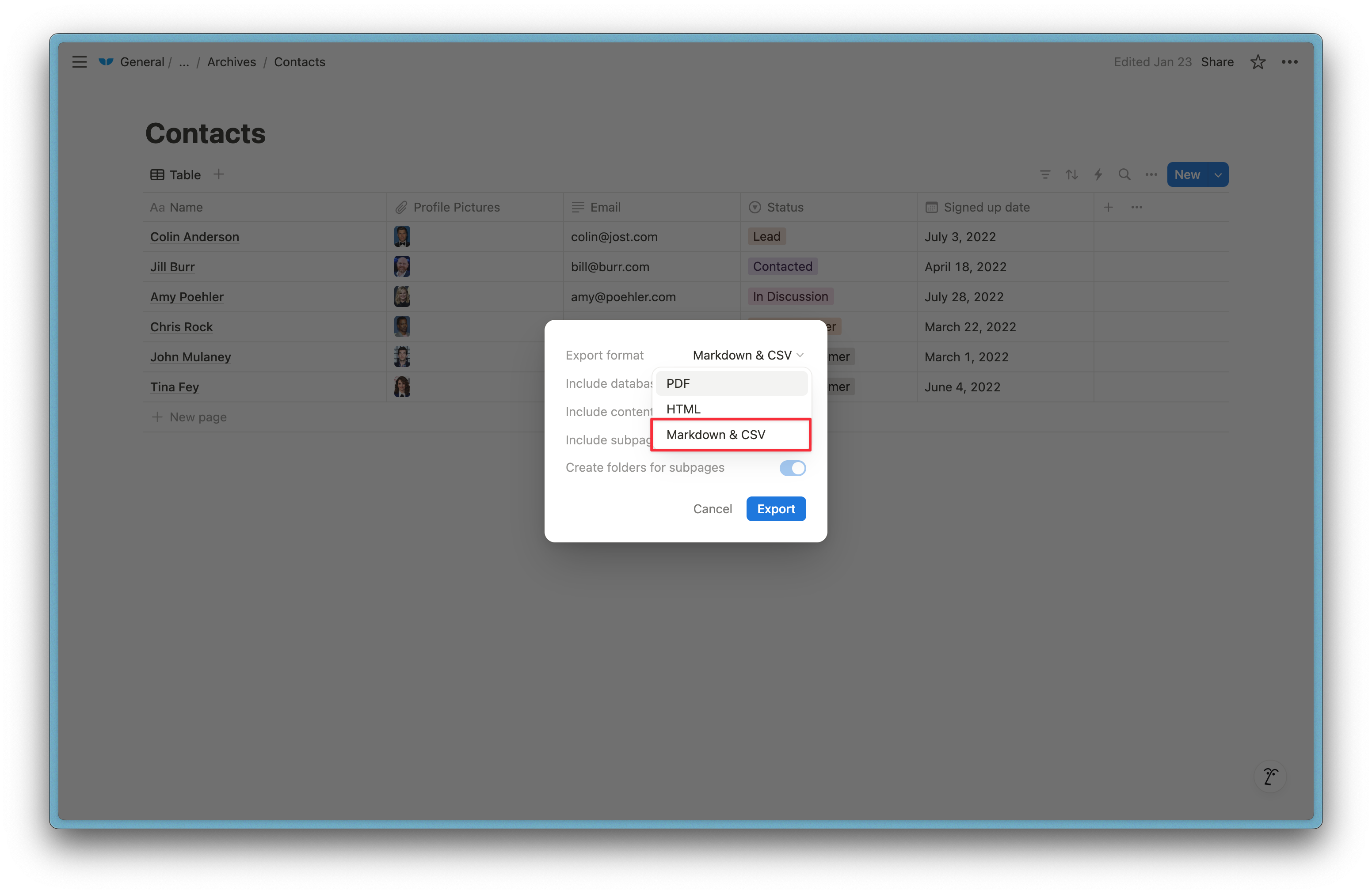 3. Make sure to select CSV as your export format