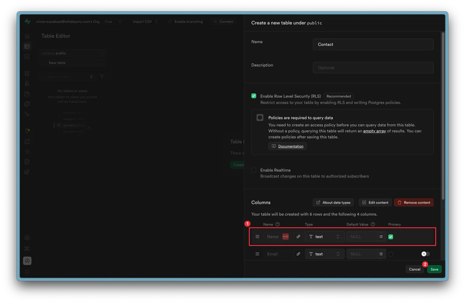 6. Configure your primary key and hit ‘Save’