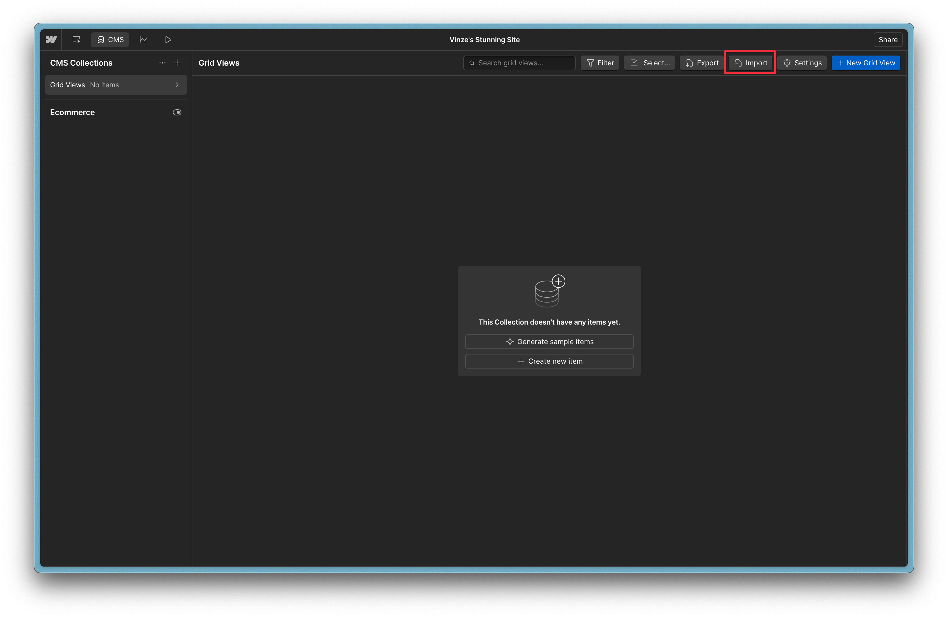 1. Go to the Collections page you want to import your CSV into the hit ‘Import’