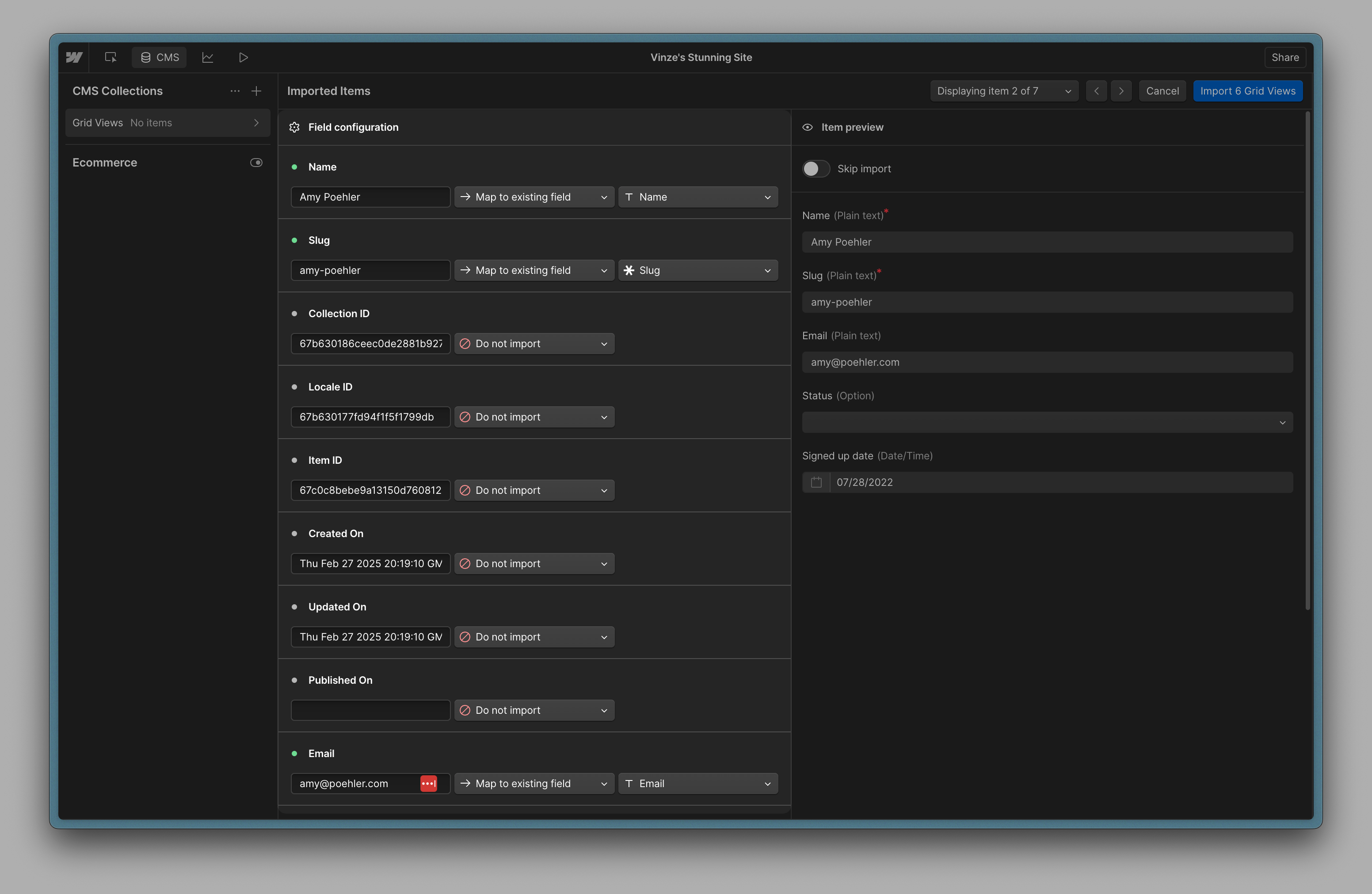 3. Map the columns you want to import with the right fields from Webflow