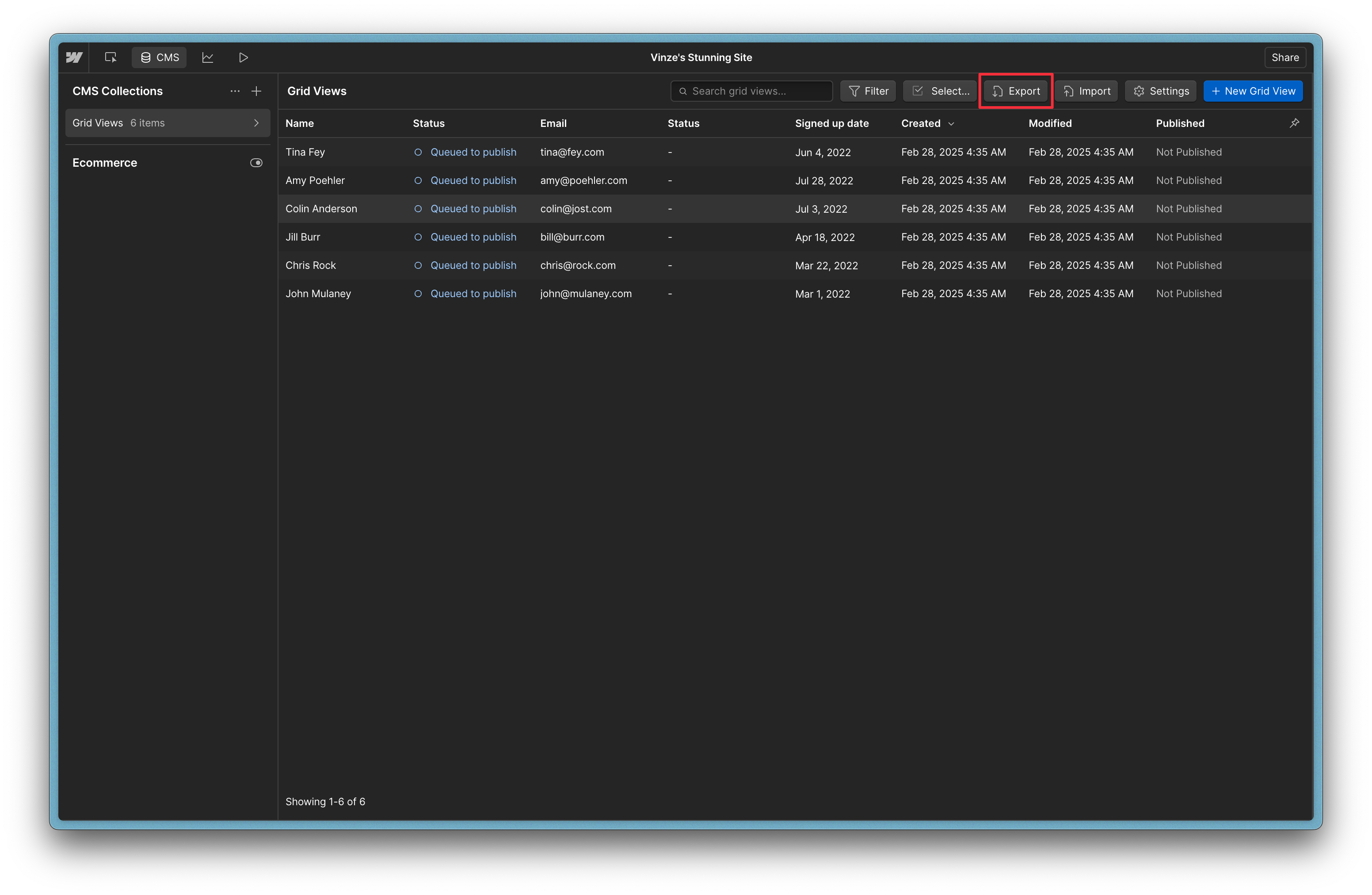 Go to your Webflow collection and hit ‘Export’