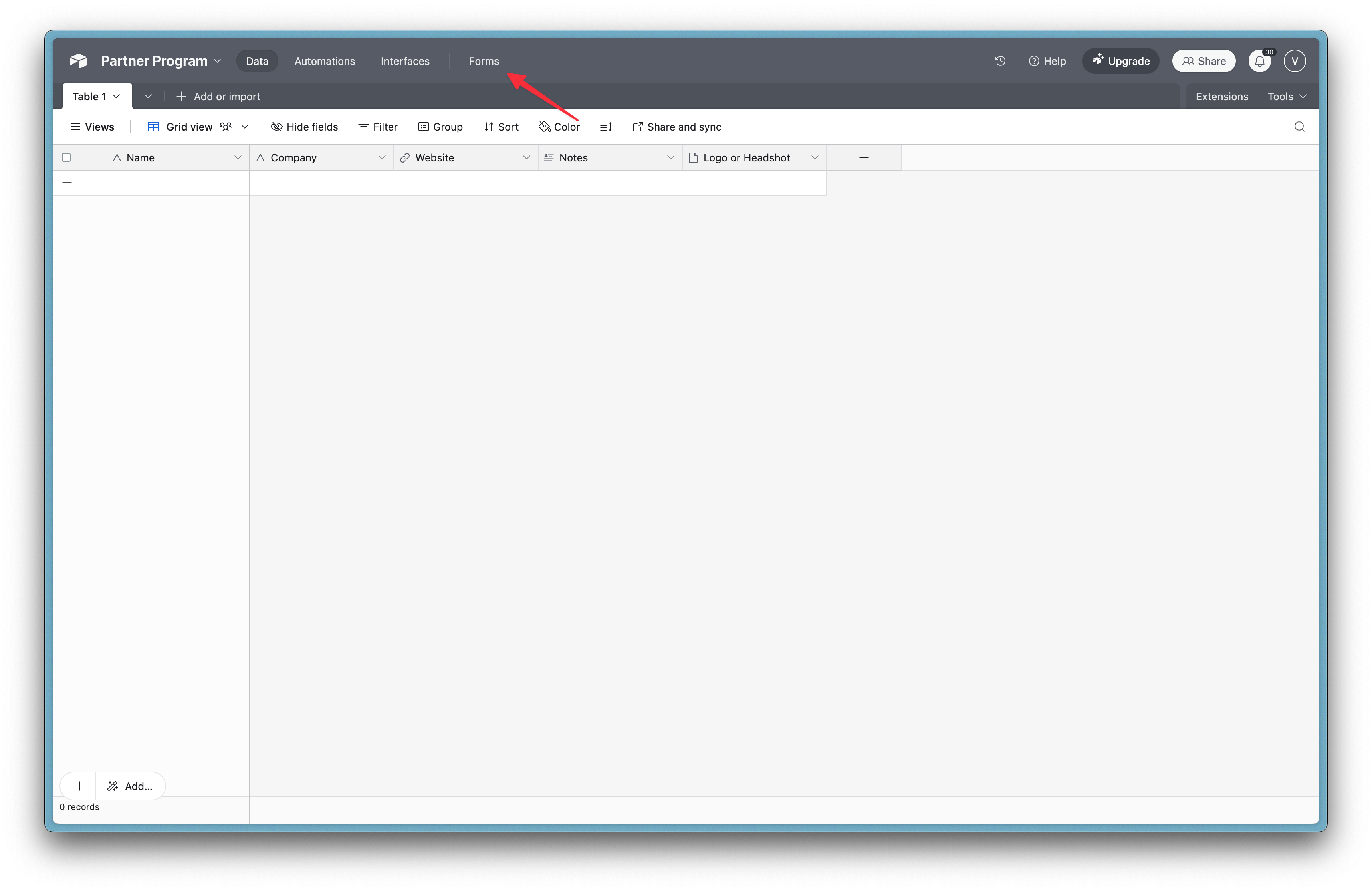 1. Open your Airtable base and add a form
