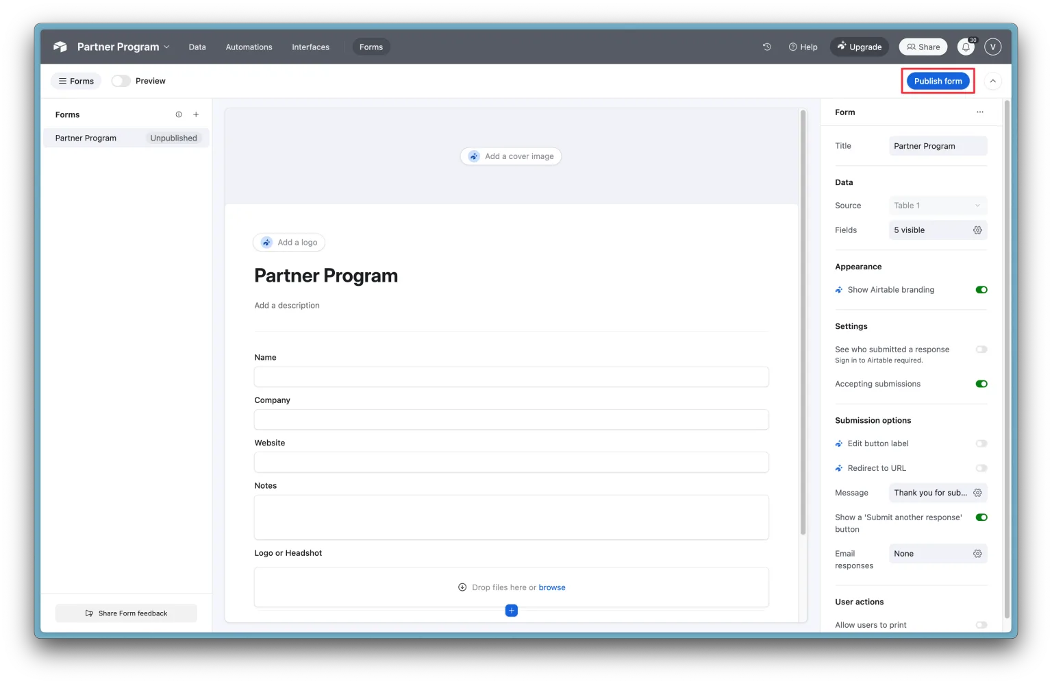4. Publish your form