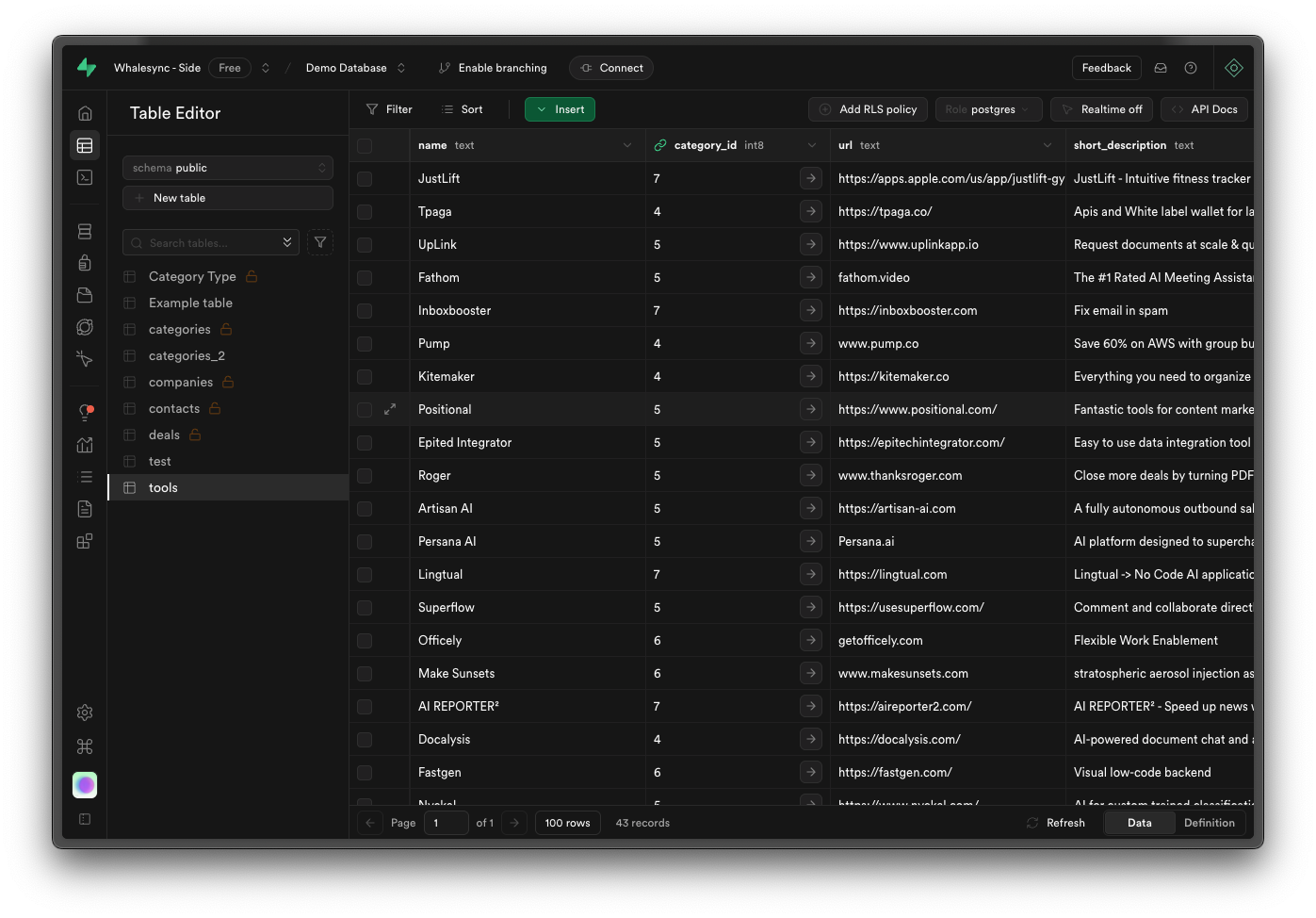 Example Supabase database with tables on the left and data on the right