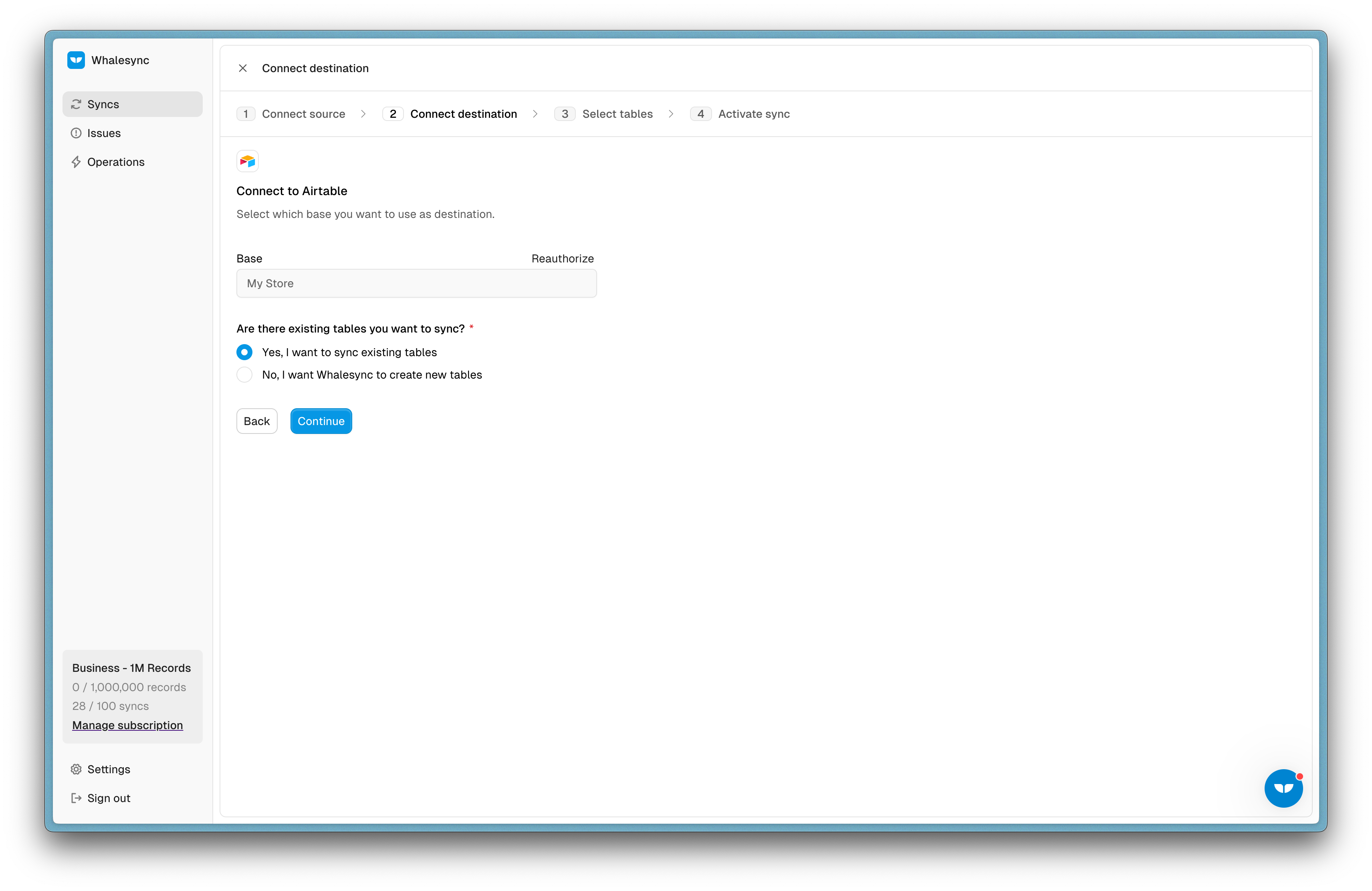 Step 6: Choose if you want to sync an existing tables or auto-create a new one