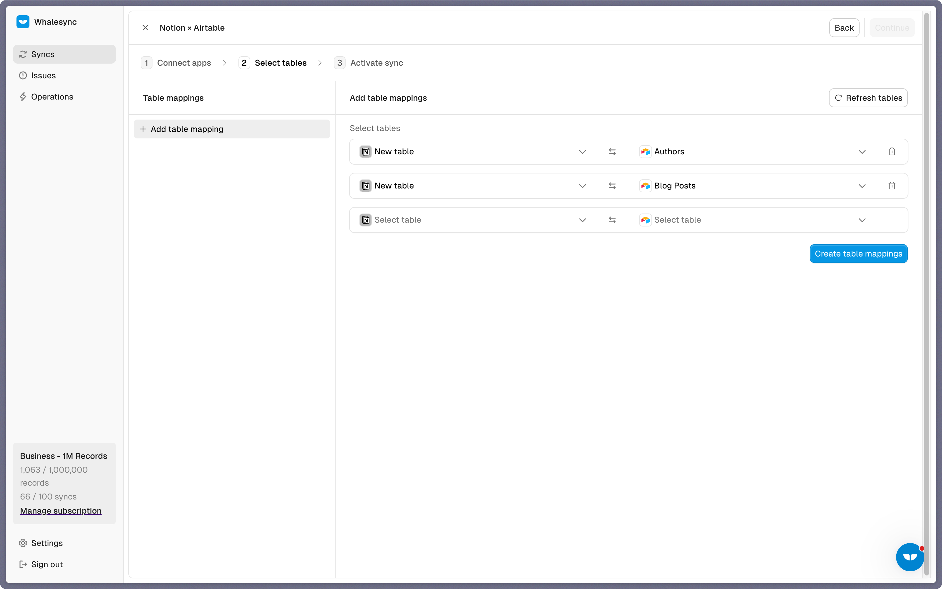 Select tables from your source app