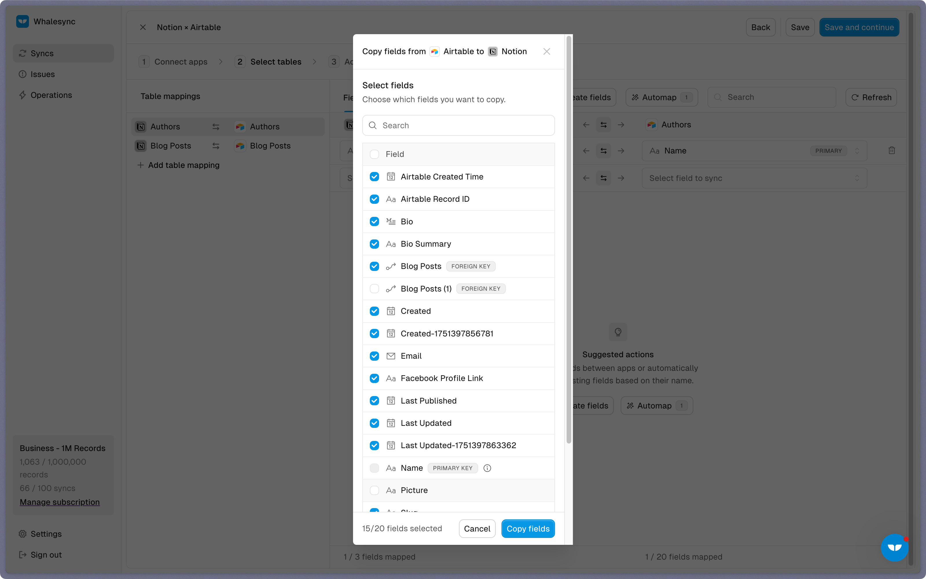 Select which fields to copy to your destination app (Notion)