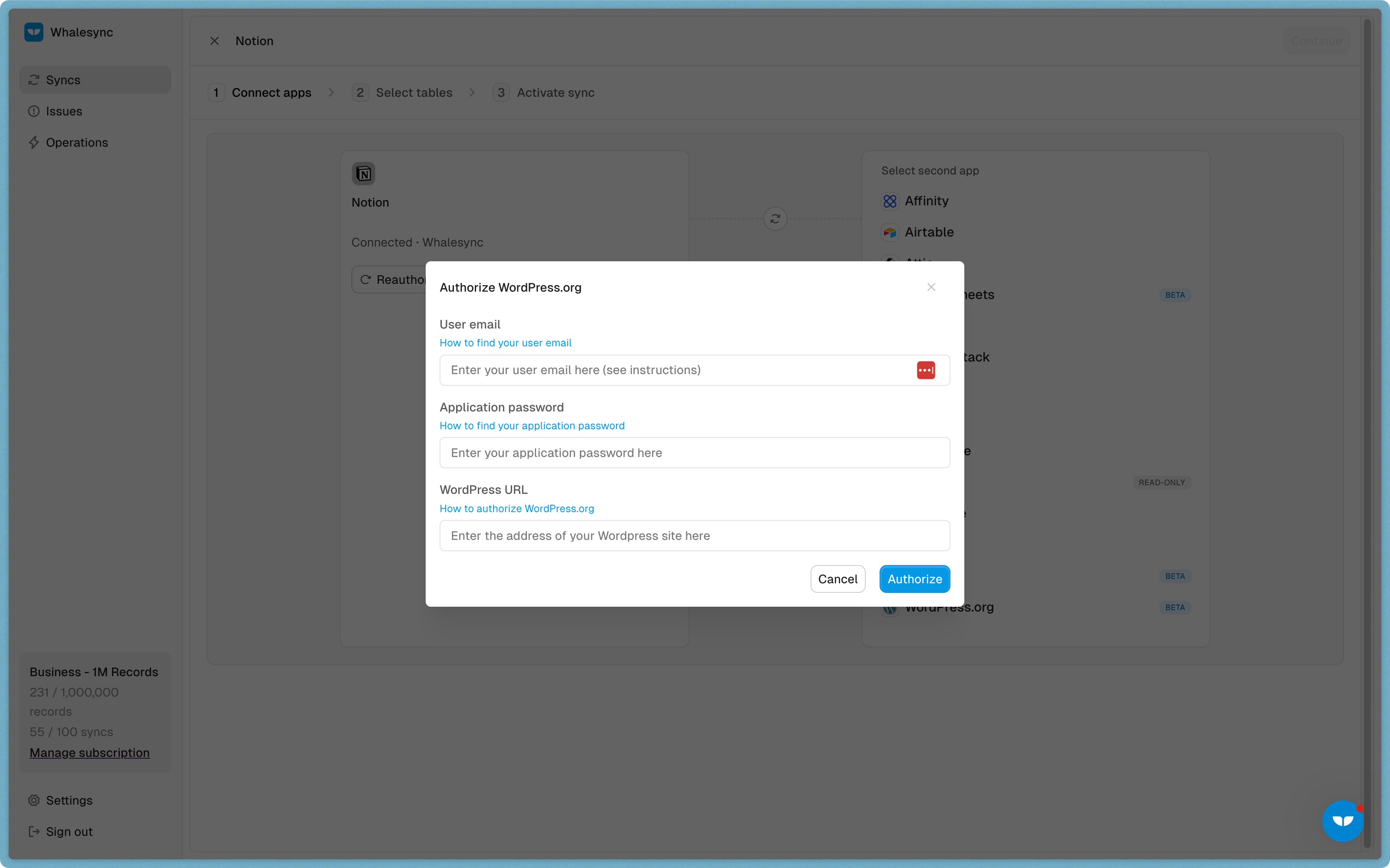 Select and authorize the app you want to connect to WordPress