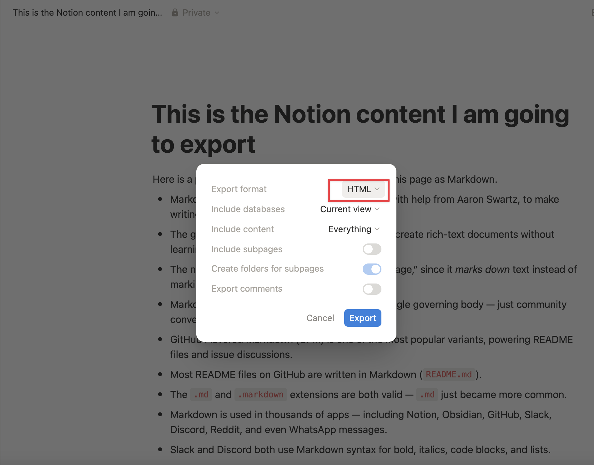 Go to Notion and export your Notion page as HTML