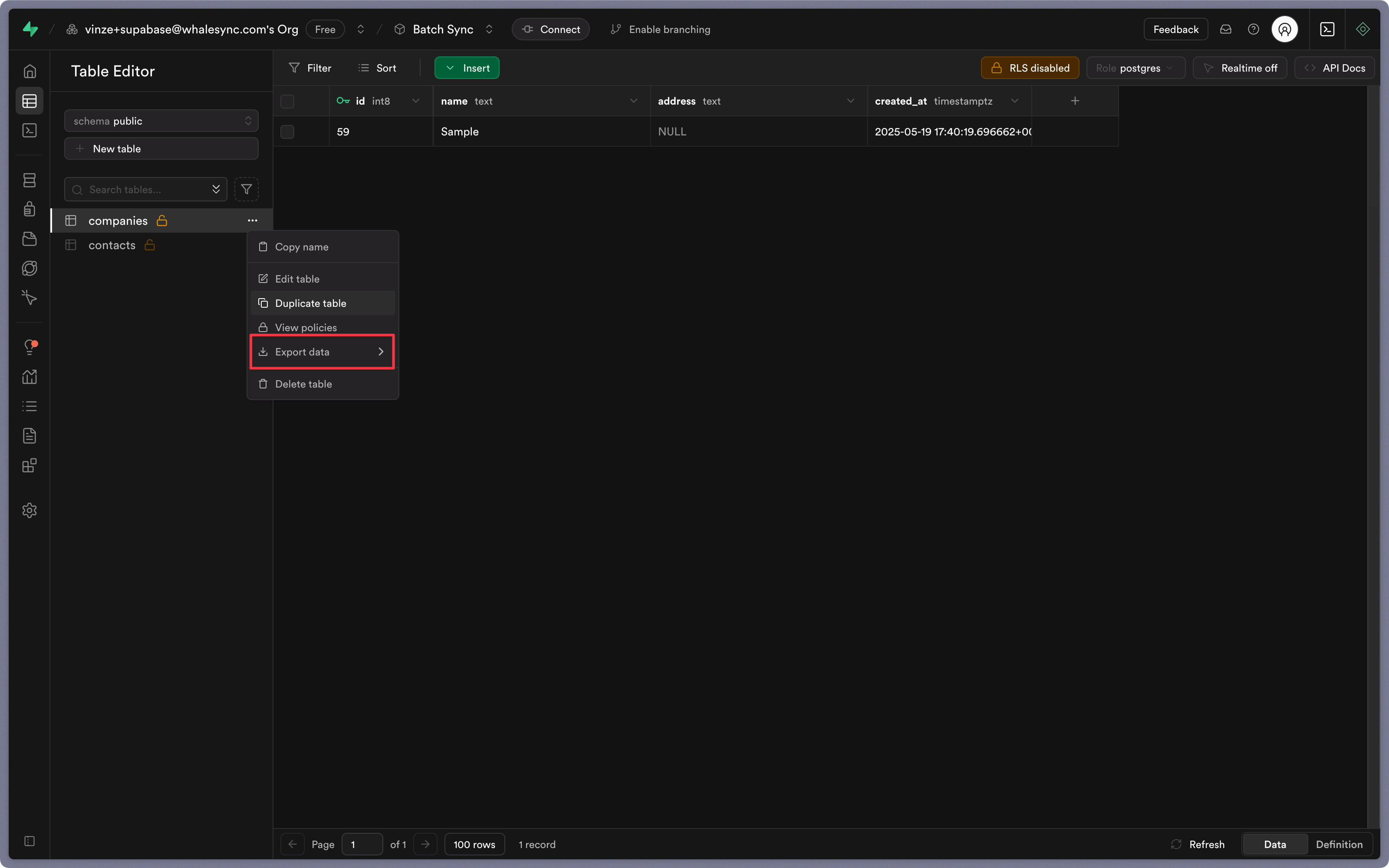 Click export data