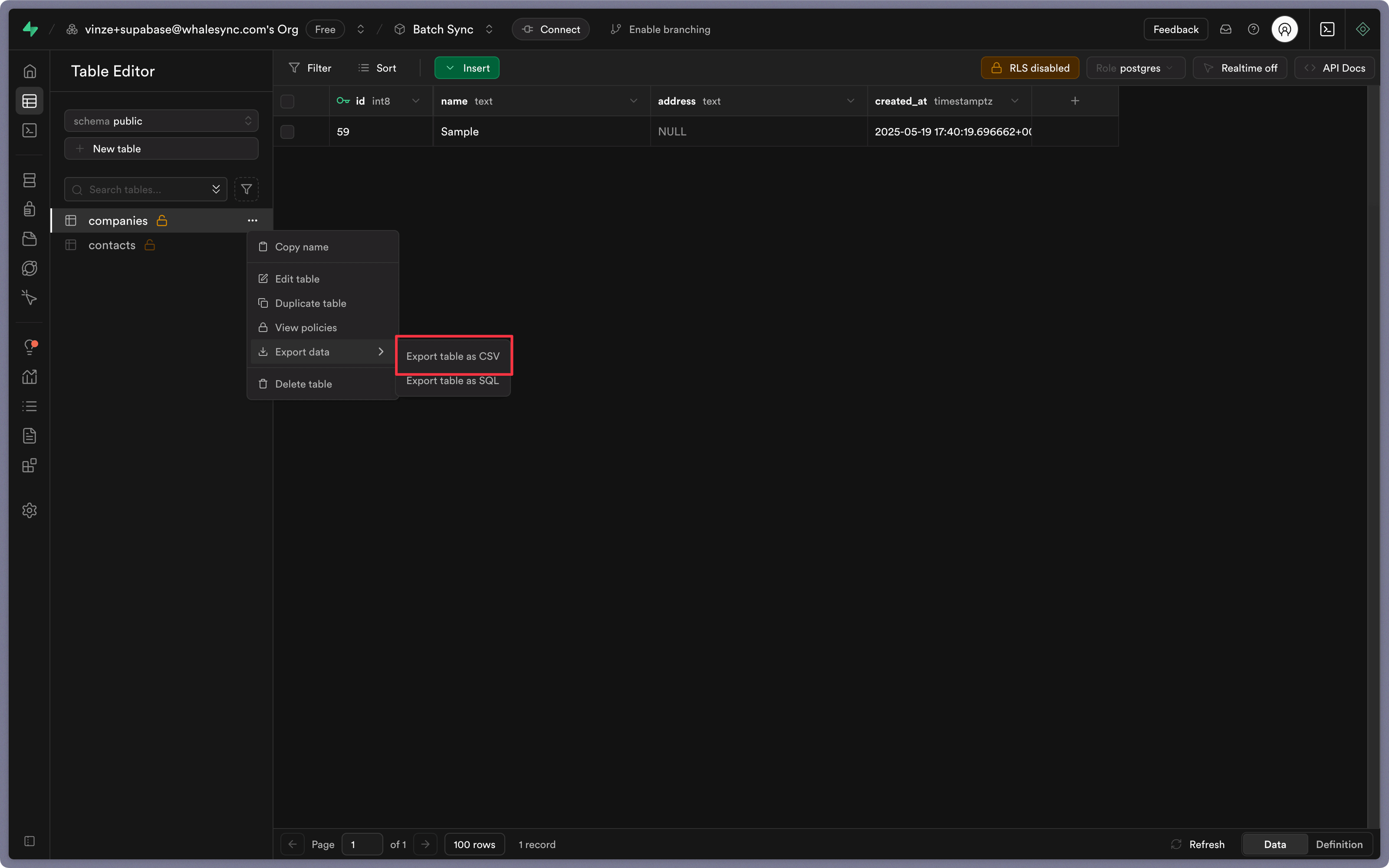 Click export table as CSV
