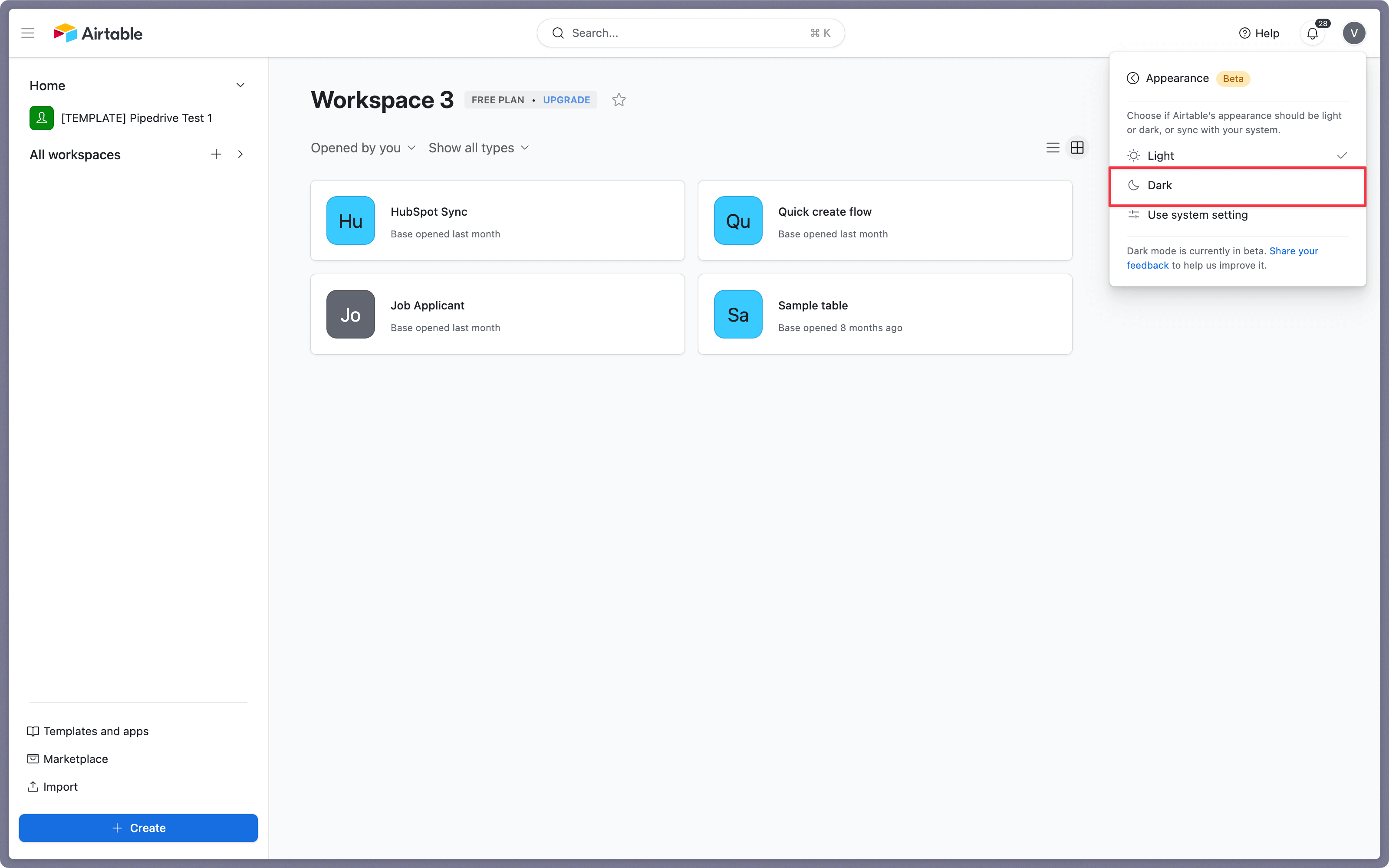 How to turn on Airtable dark mode